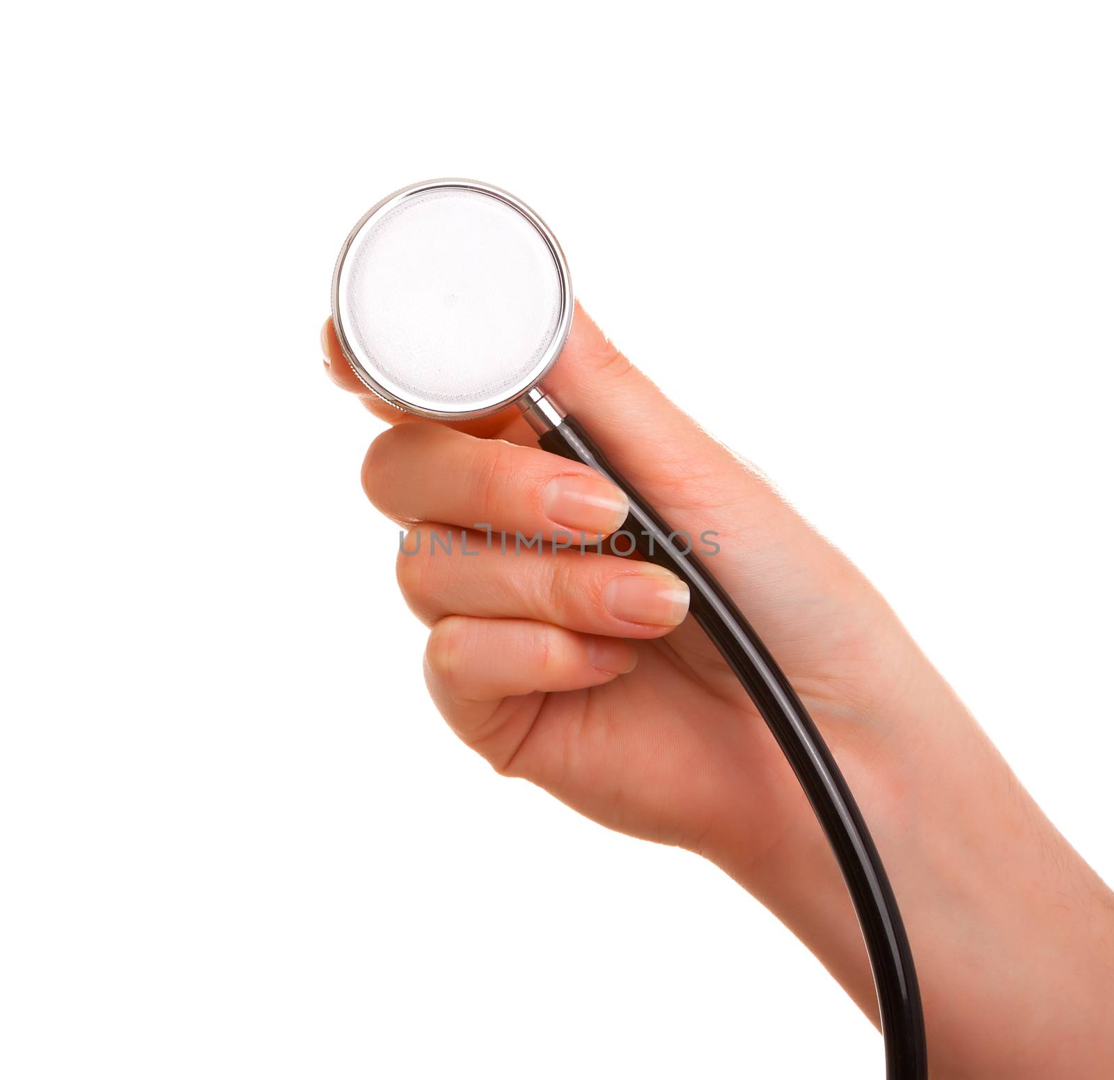 Female hand with stethoscope, with room for text. isolated on a white background