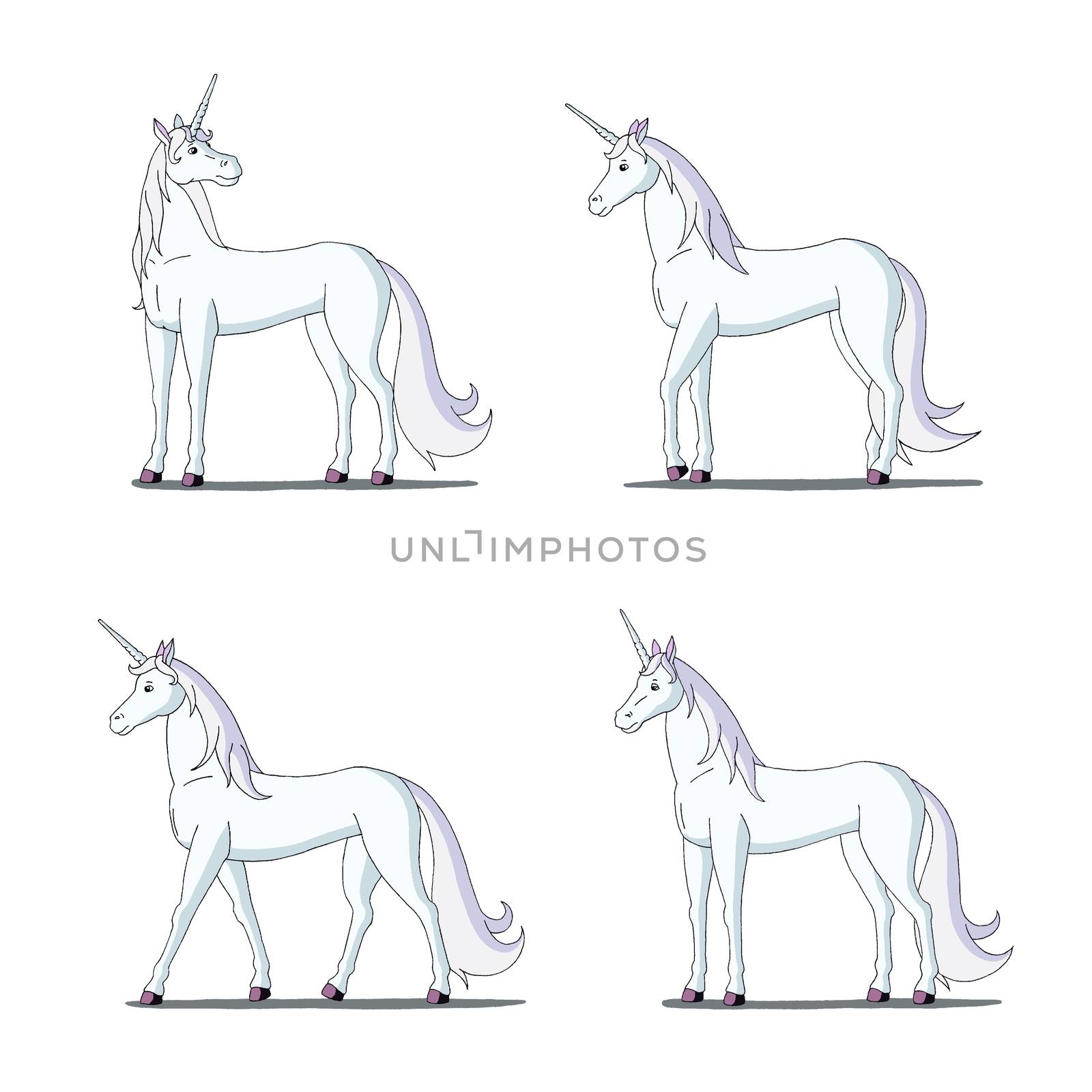 Set of White Unicorn images. Digital painting  full color cartoon style illustration isolated on white background.