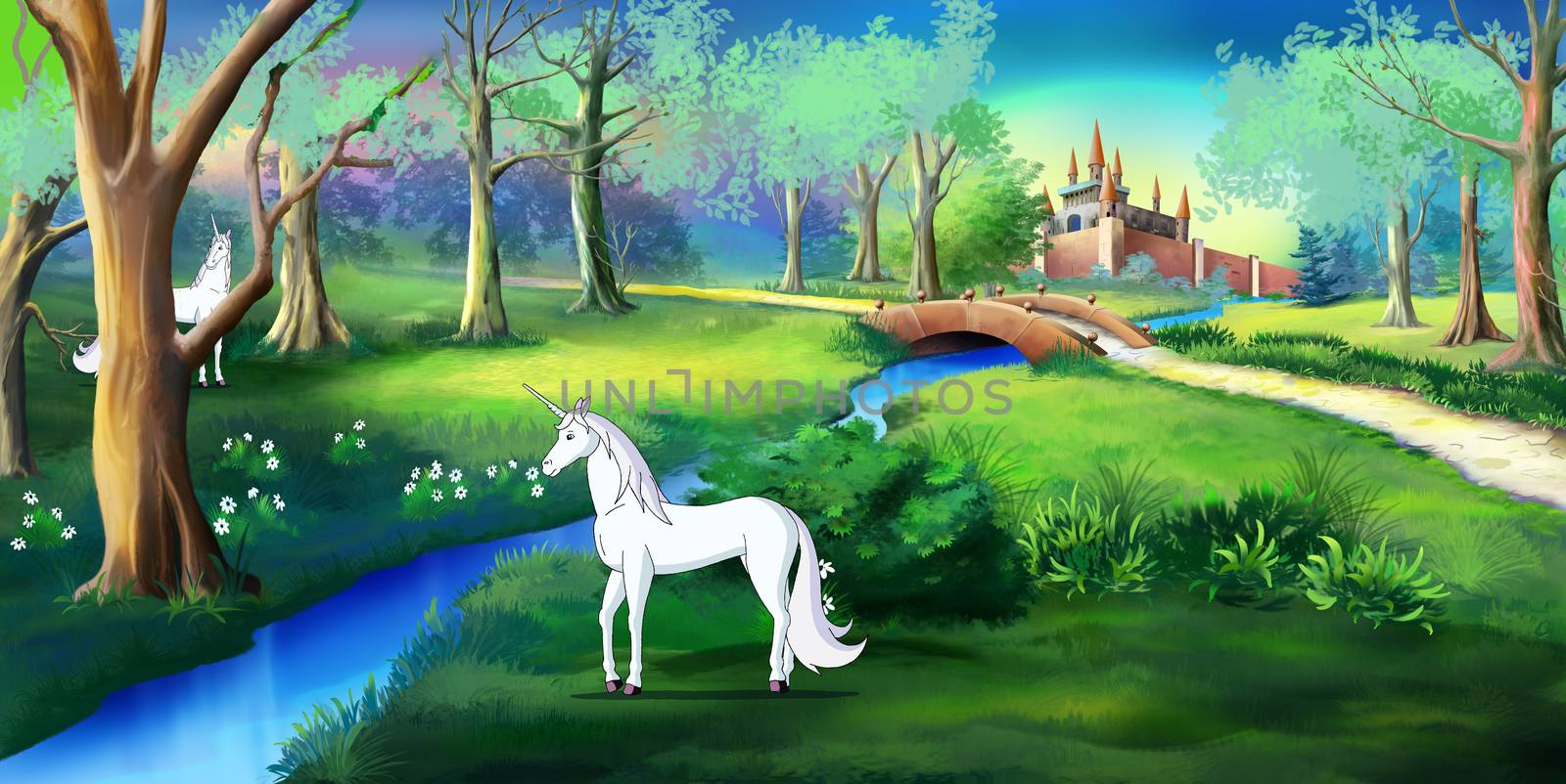 White Unicorn in a Magic Forest Near a Fairy Tale  Castle by Multipedia