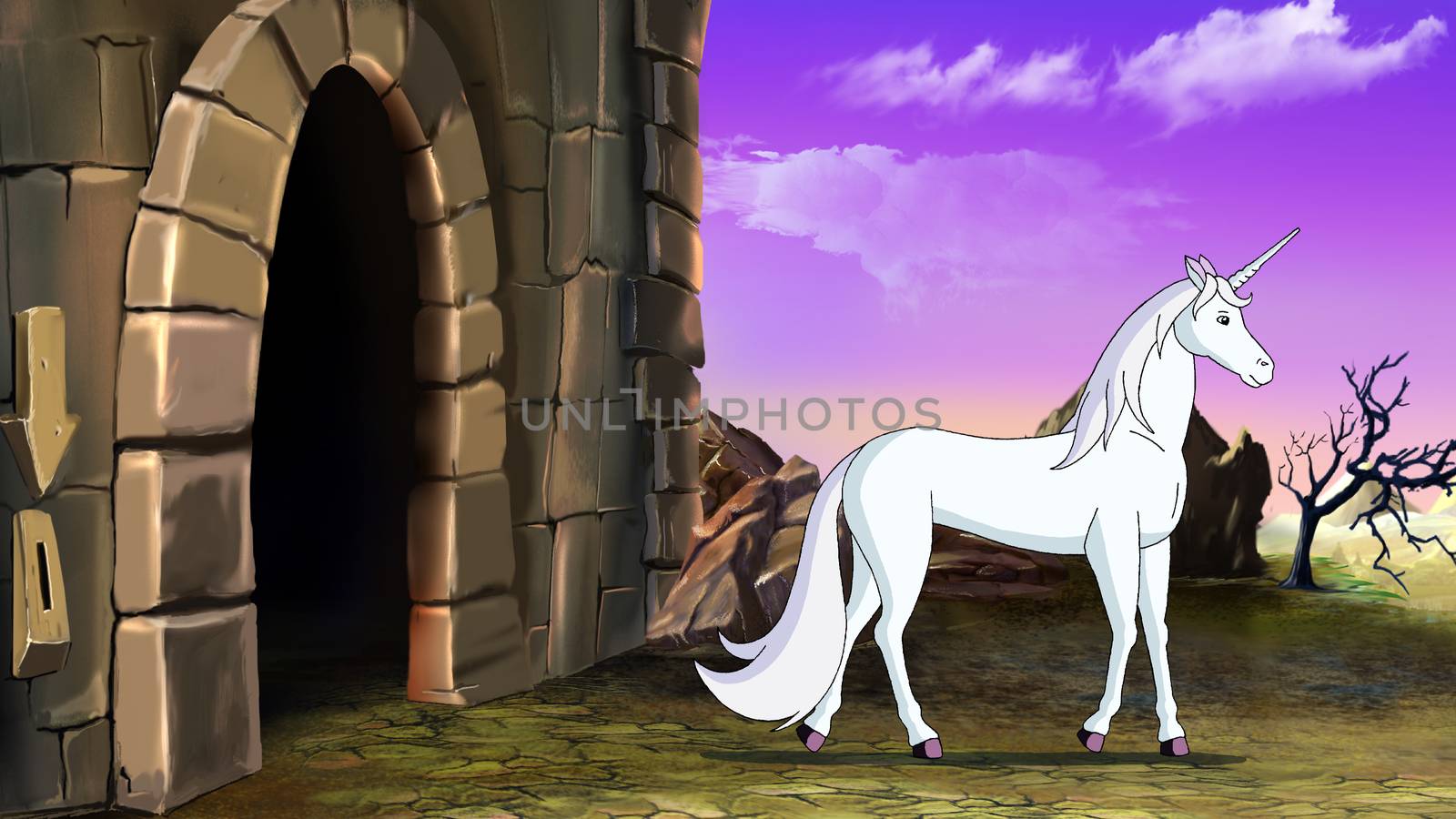 Wonderful fairy tale White Unicorn Near the Magic Castle. Digital painting  cartoon style full color illustration.
