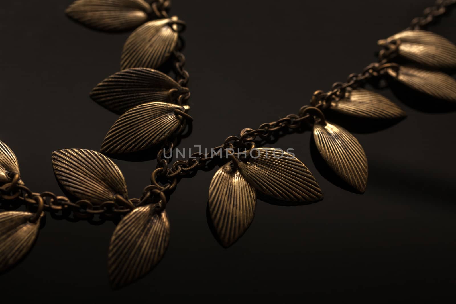 Golden chain necklace with leaves on blackground