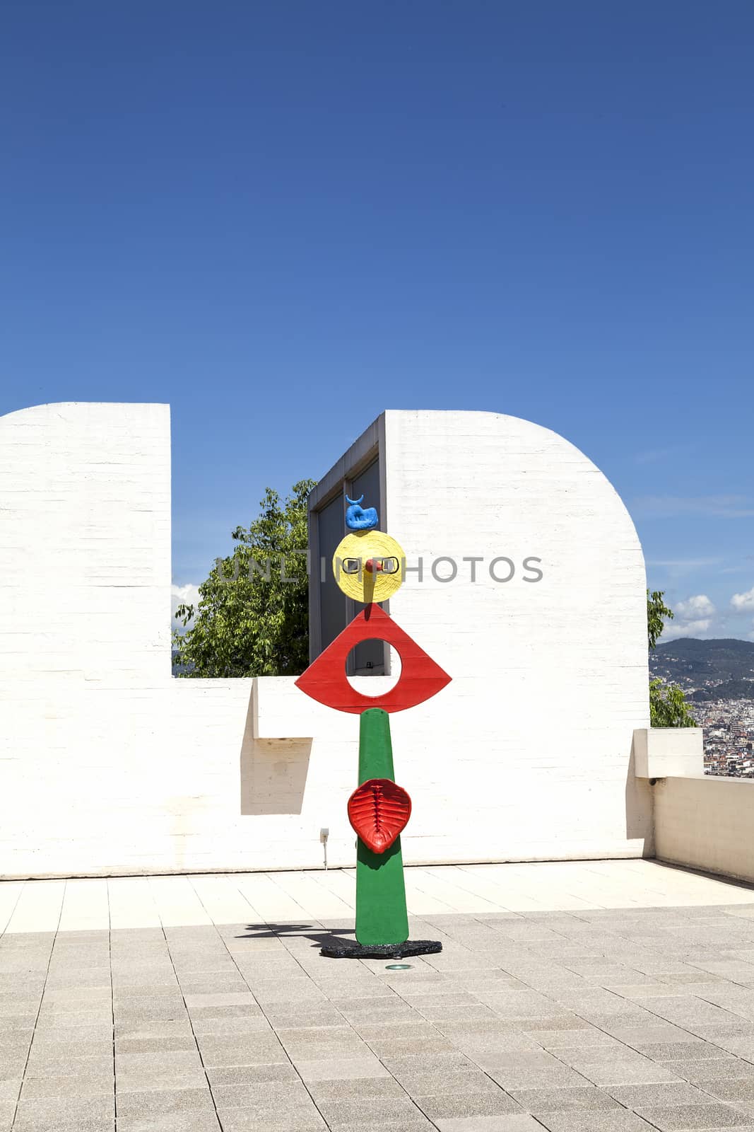 BARCELONA, SPAIN - MAY 12, 2016 :Miro sculpture on the terrace of the Foundation Joan Miro. Centre of Studies of Contemporary Art  is a museum of modern art  located on the hill  Montjuïc .It was founded in 1968.