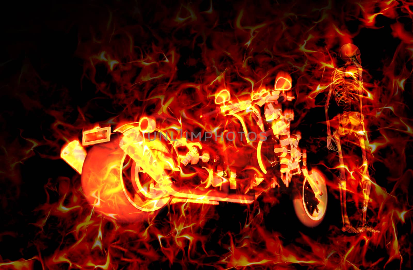 Fiery burning motorbike and skeleton with flames around them, over a dark background - 3D rendering