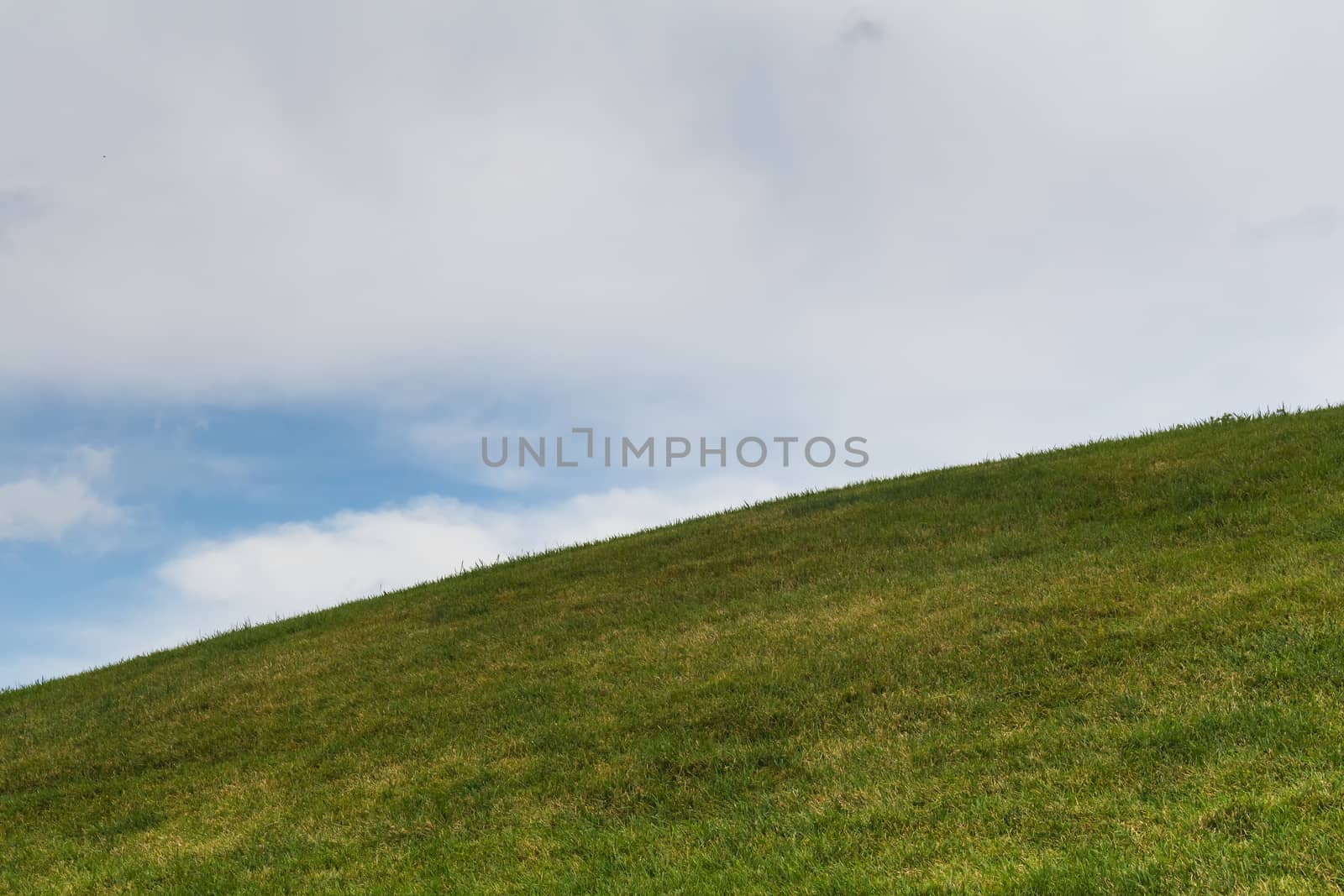 Intense fresh green color of the grass growing on a hill. Sky with many clouds. Horizon of the land.