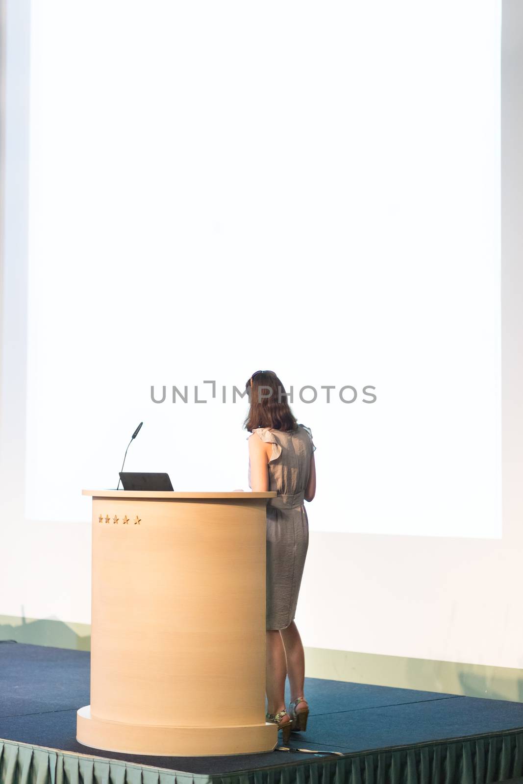 Business woman making business presentation. Female speaker giving a talk at  business conference . Business and Entrepreneurship concept. Brand copy space on white screen.