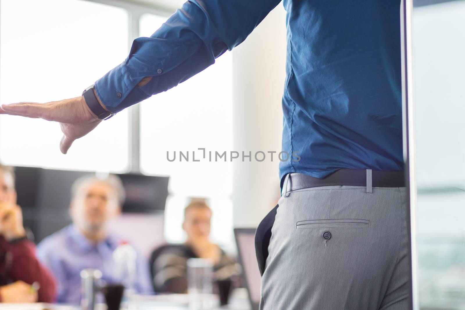 Business man making a presentation at office. Business executive delivering a presentation to his colleagues during meeting or in-house business training. Rear view. Business and entrepreneurship.