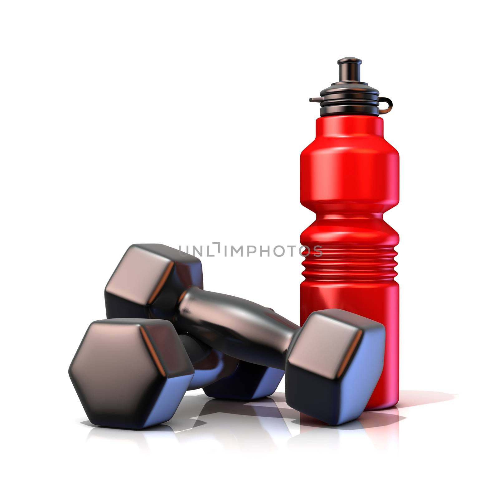 Red plastic sport bottles and black weights. 3D render isolated on white background