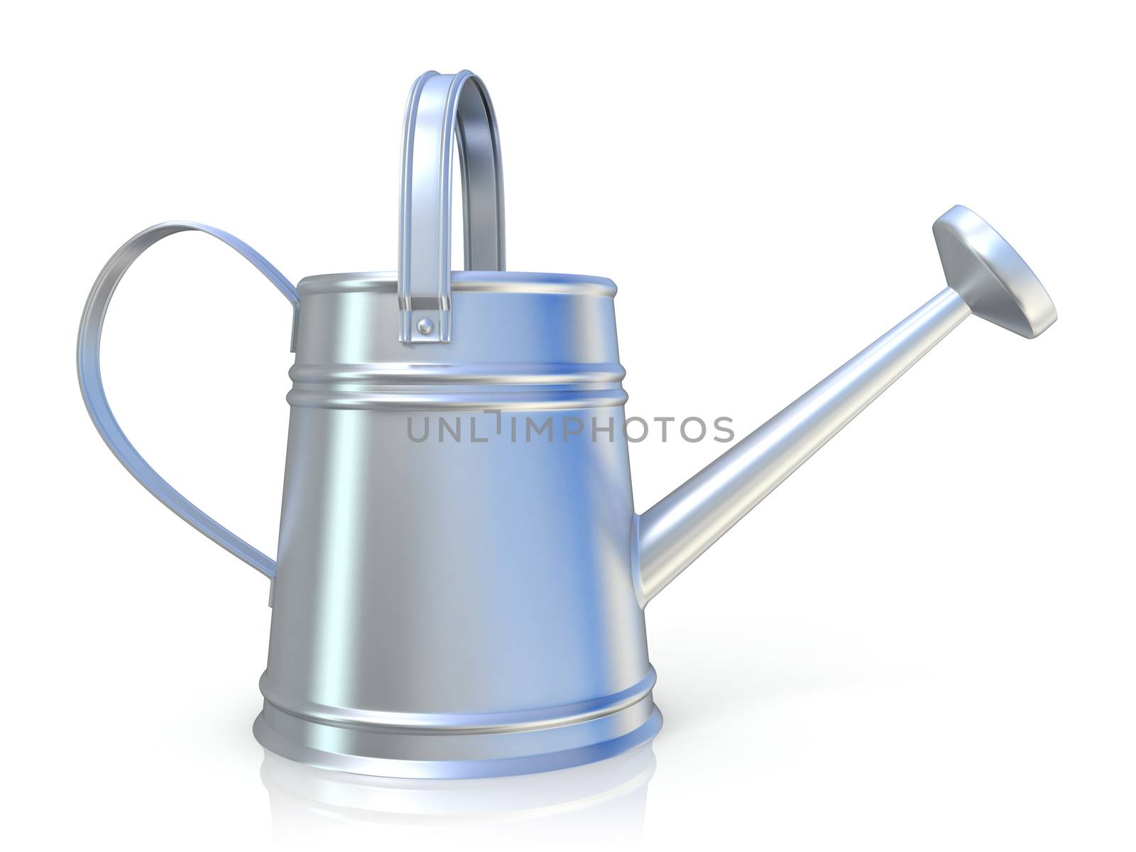 Metal watering can 3D render isolated white background. Side view