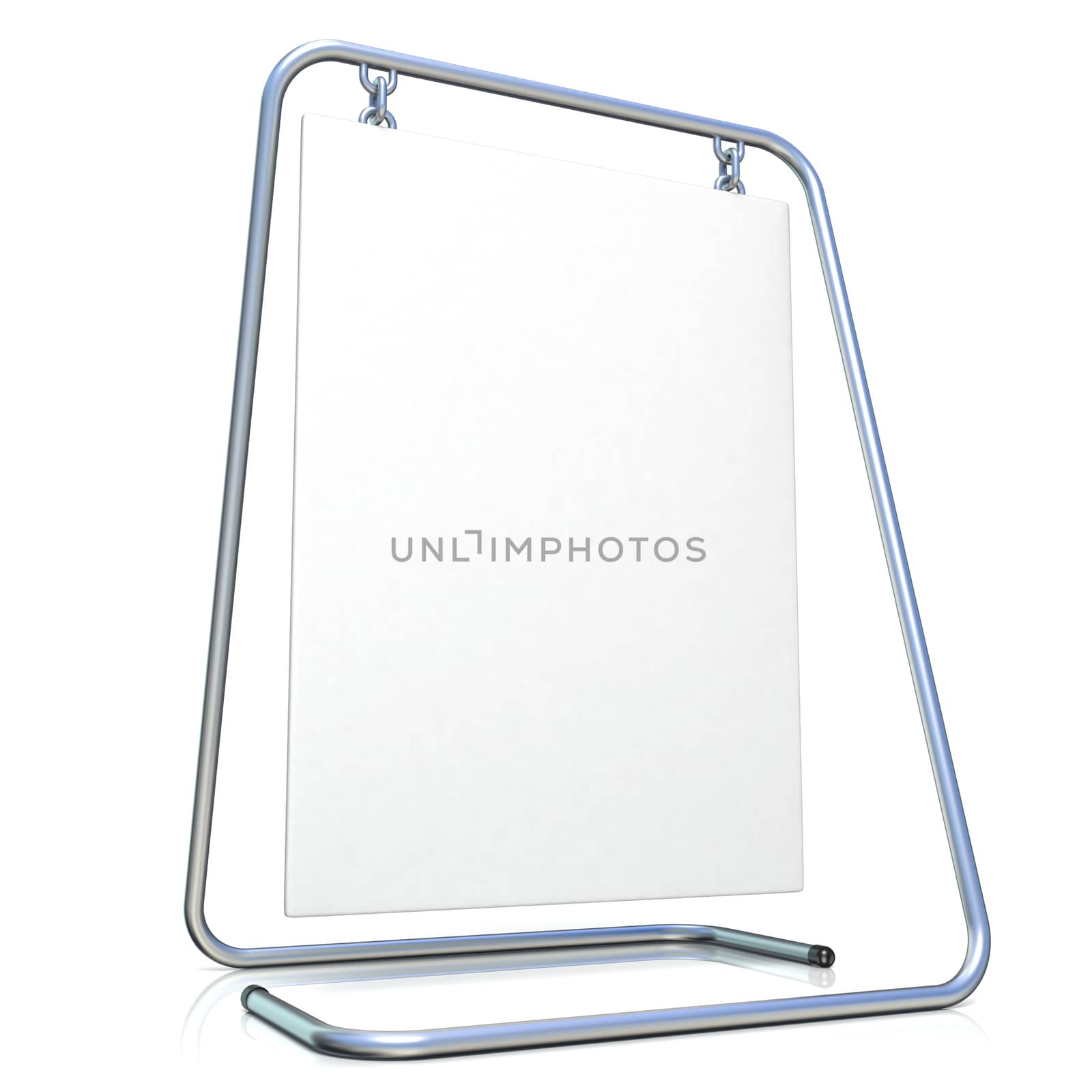 Metal advertising stand, with copy space board. Side view. 3D illustration isolated on white background