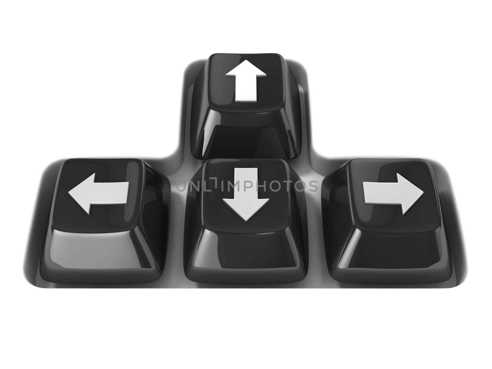 The four black keyboard arrows keys on a white background. Front view. 3D render illustration