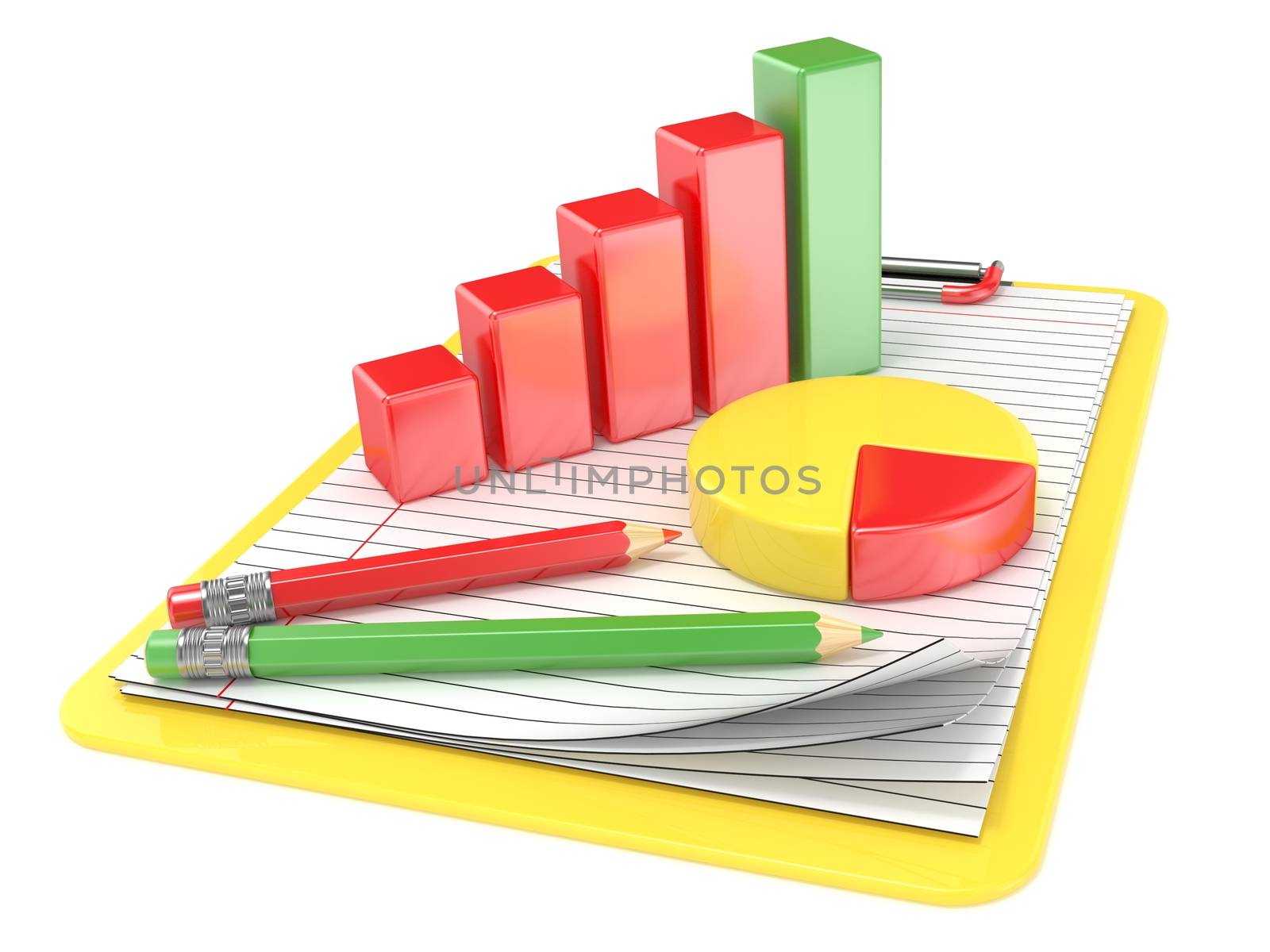 Yellow clipboard, paper, pencils and charts. 3D render illustration isolated on white background
