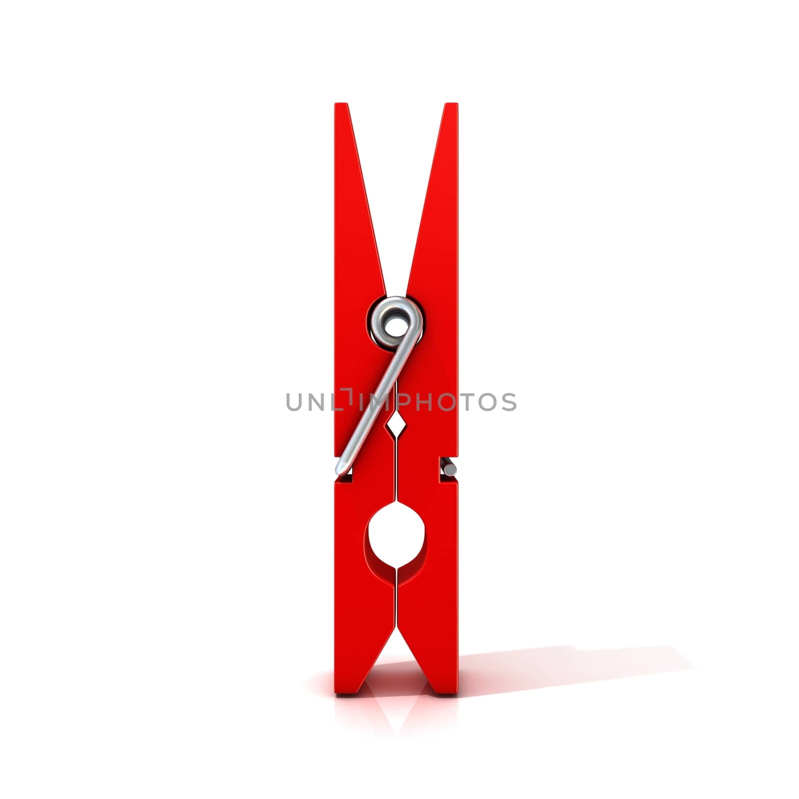 Red clothes pin. Closed standing. Isolated on white background. Front view