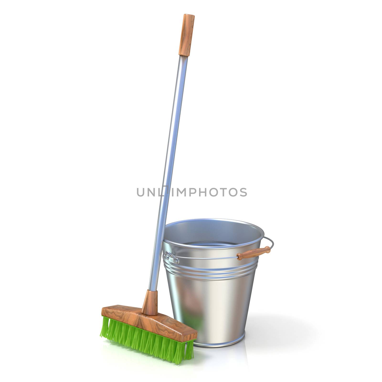 Cleaning equipment. Bucket and mop. 3D render isolated on white background