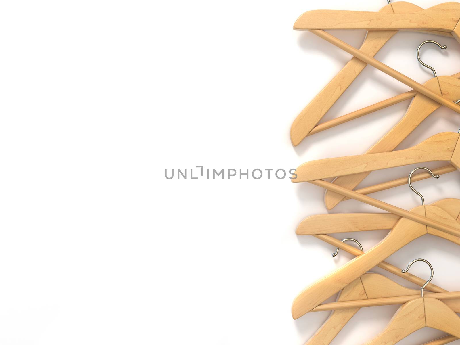 Wooden hangers background. 3D render illustration isolated on the white