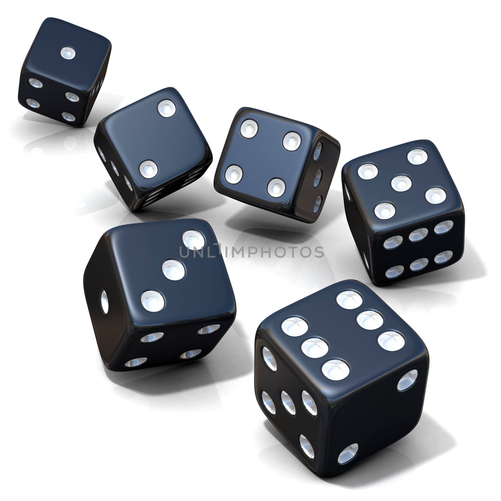 Six black game dices isolated on white background