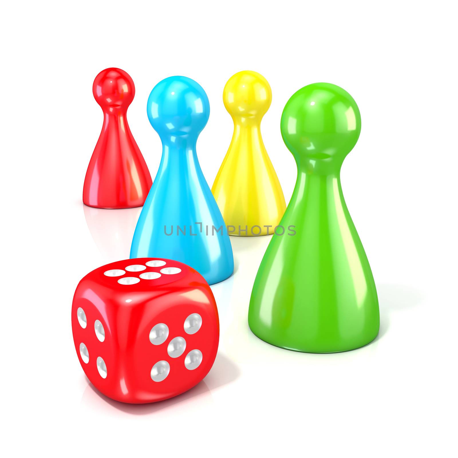 Board game figures with red dice. 3D render illustration isolated on white background