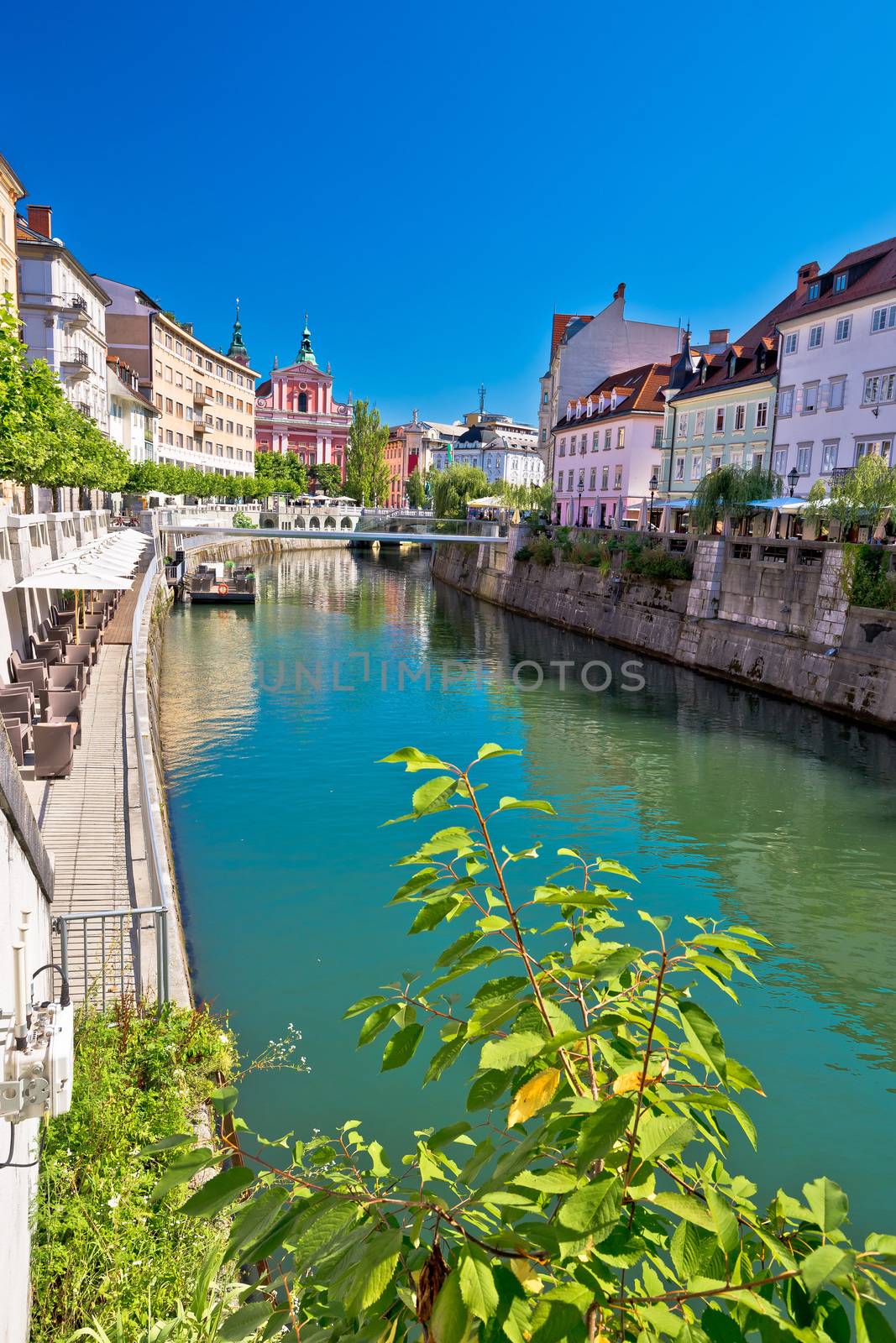 Ljubljana river and architecture vertical view, capital of Slovenia