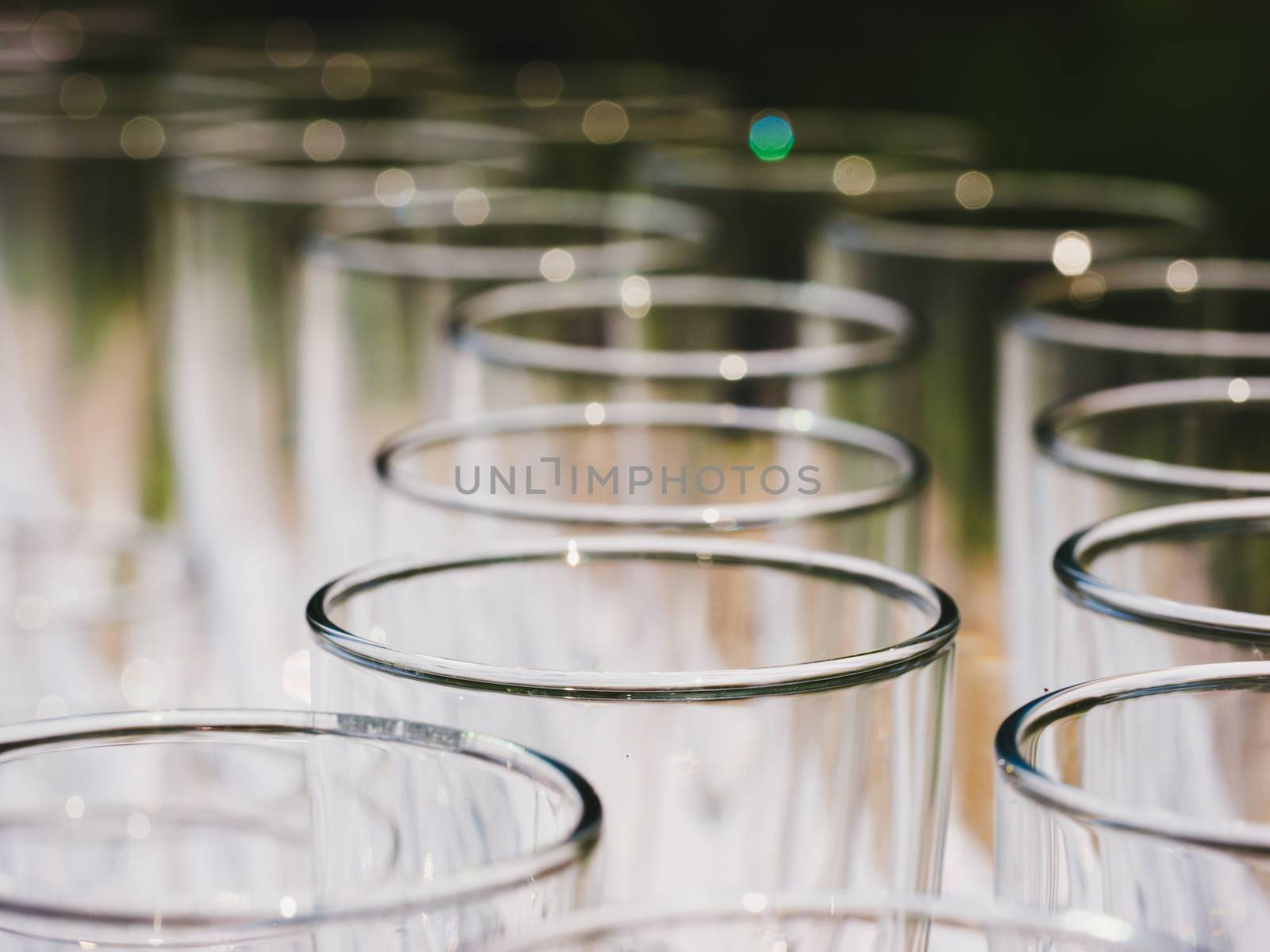 Row of glasses macro shot. Empty glasses on a banquet table close up