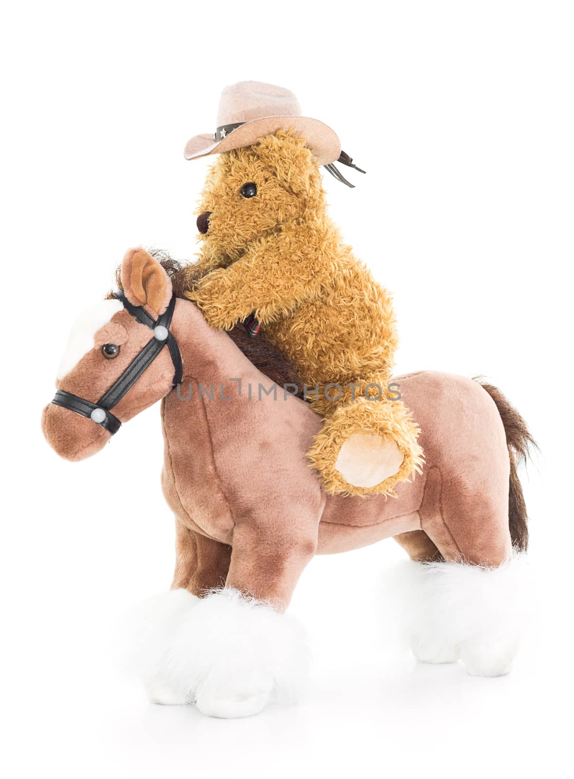 Cowboy Teddy bear riding a horses on white background