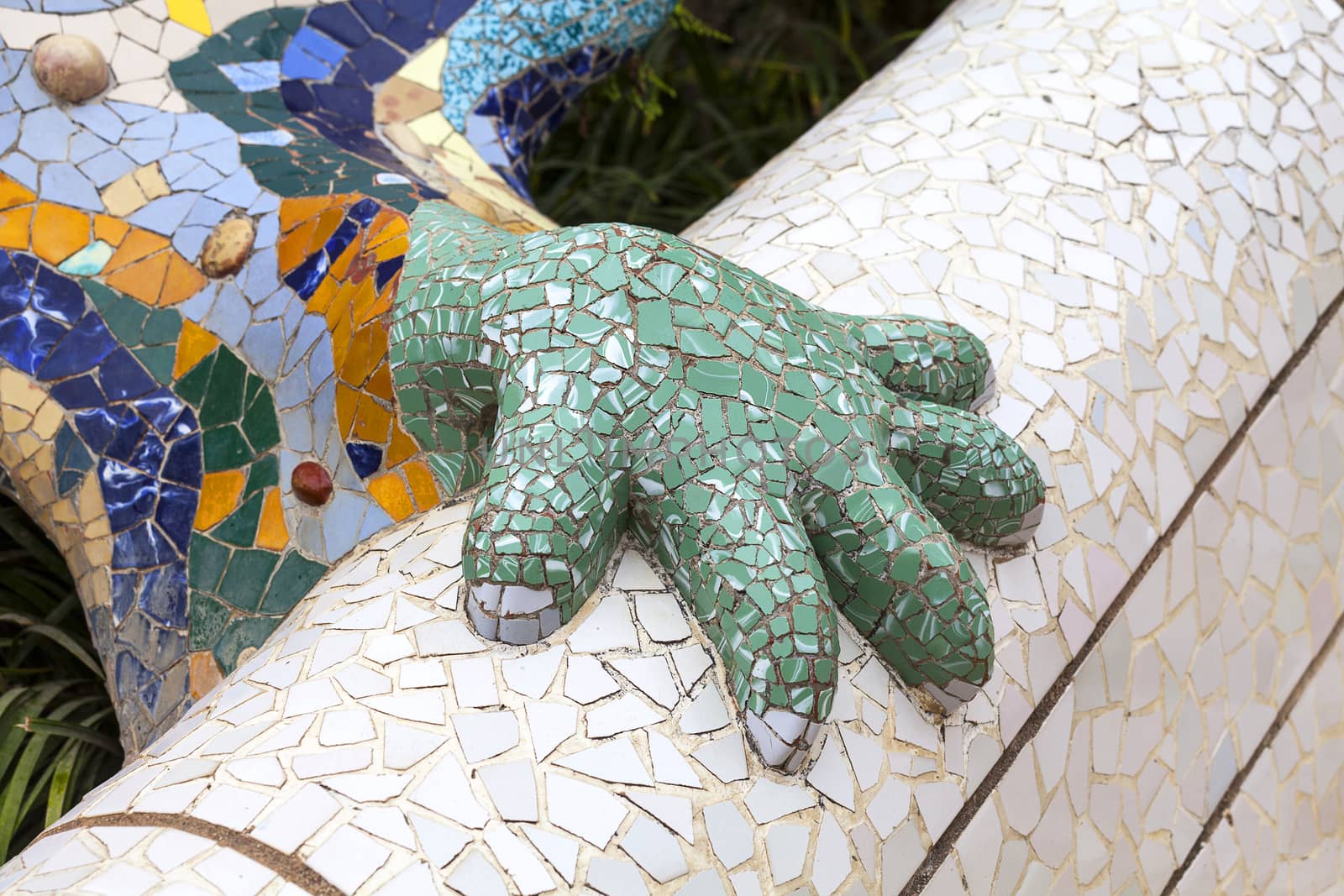 Details of Gaudi multicolored mosaic salamander in Park Guell, Barcelona , Spain