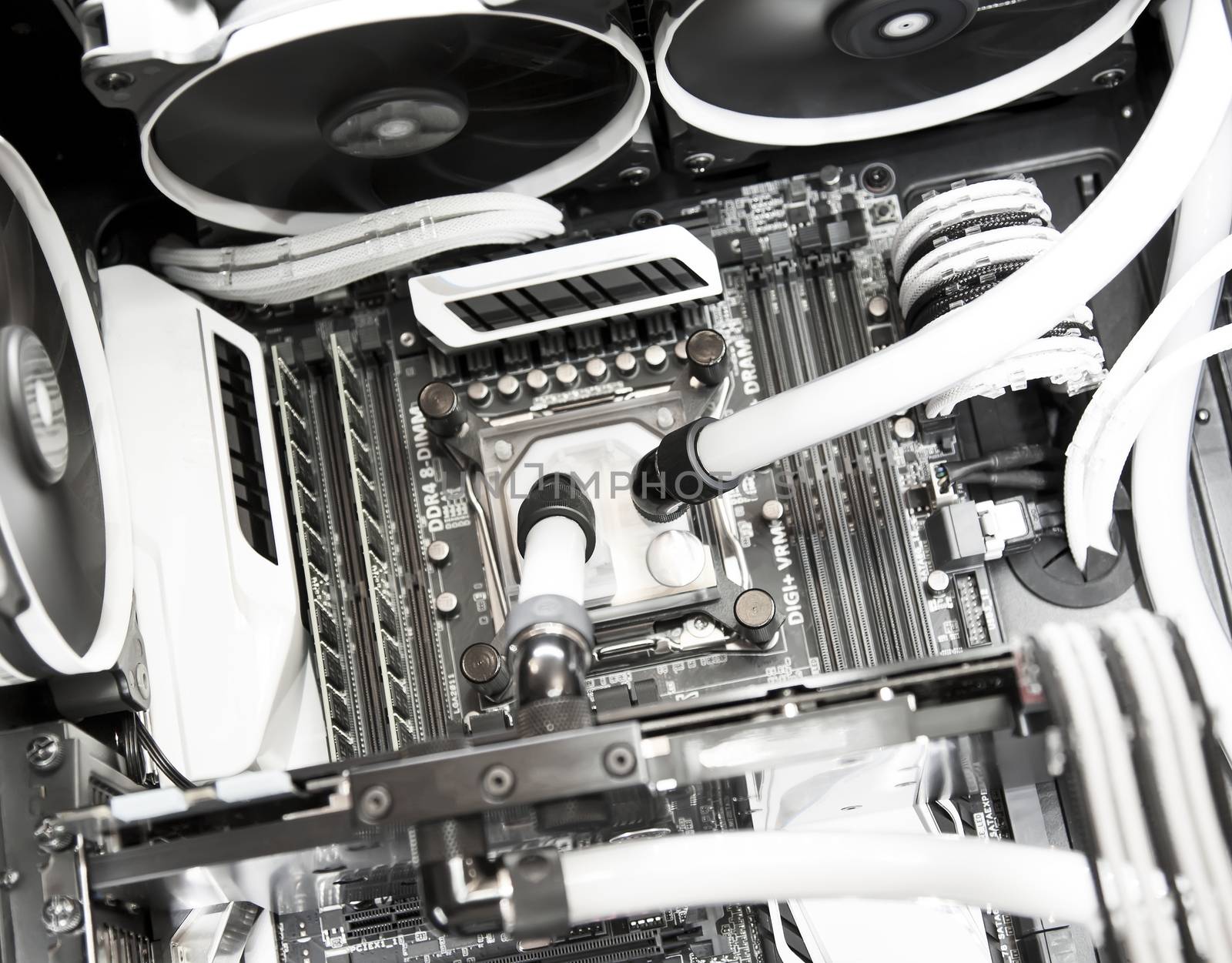 Inside computer water cooling  system in white background