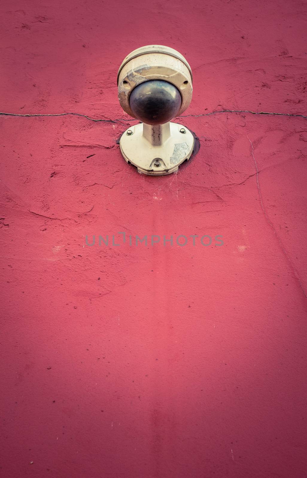 Grungy CCTV Or Surveillance Camera On A Red Wall With Copy Space