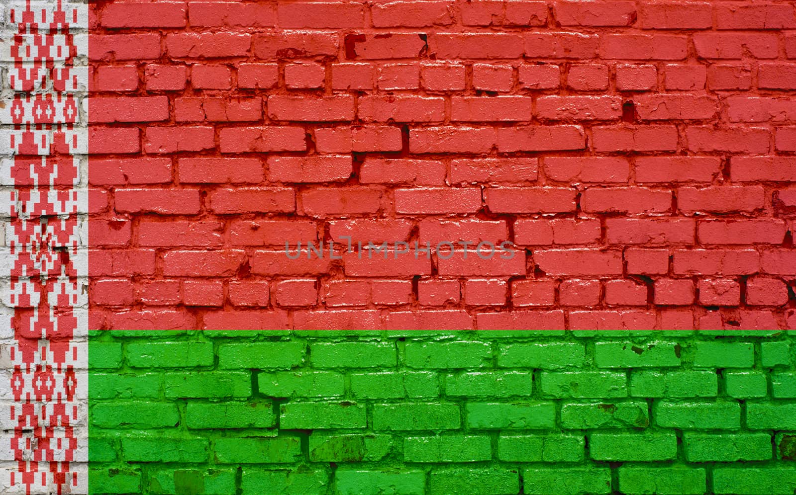 Flag of Belarus painted on brick wall, background texture