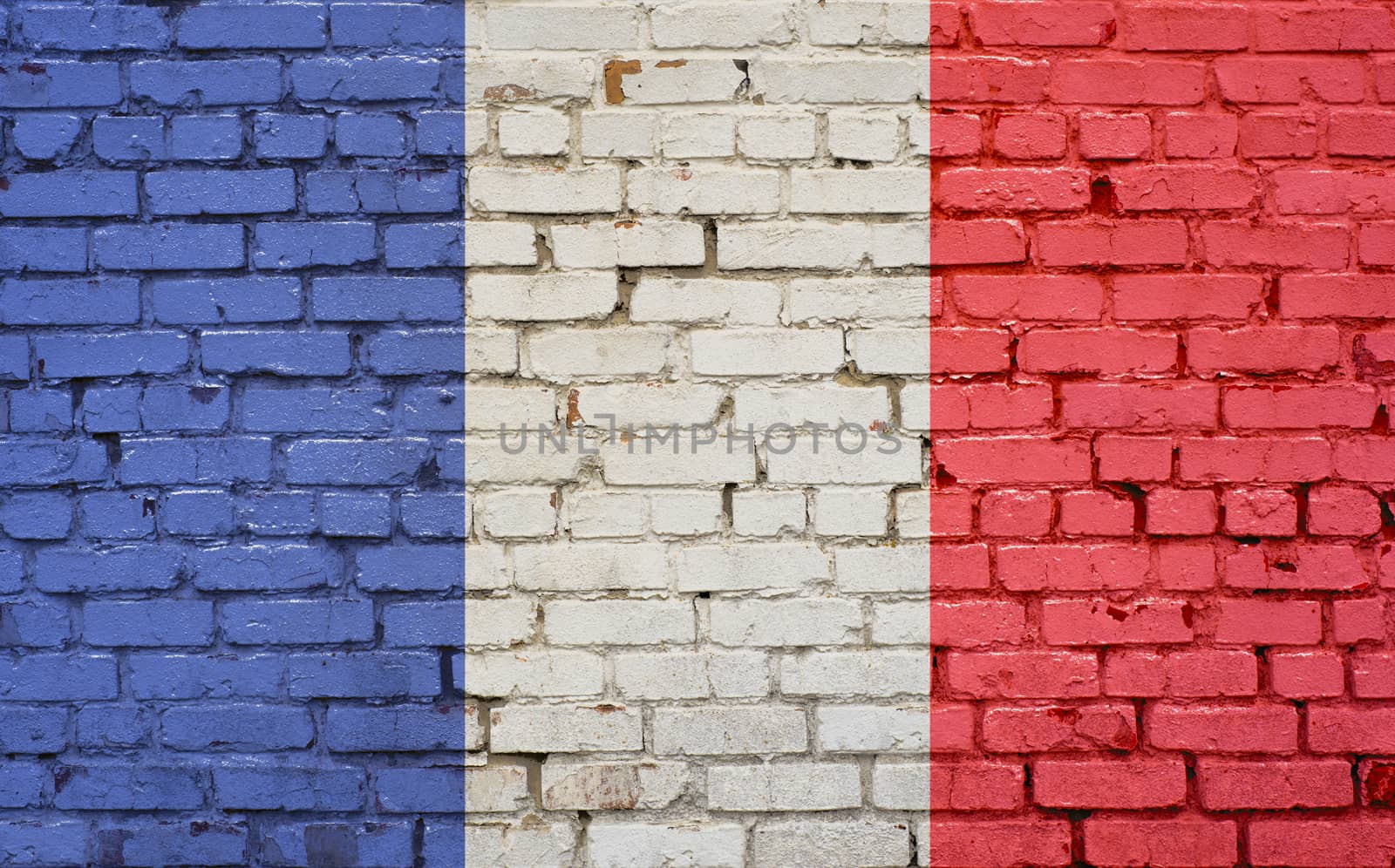 Flag of France painted on brick wall, background texture