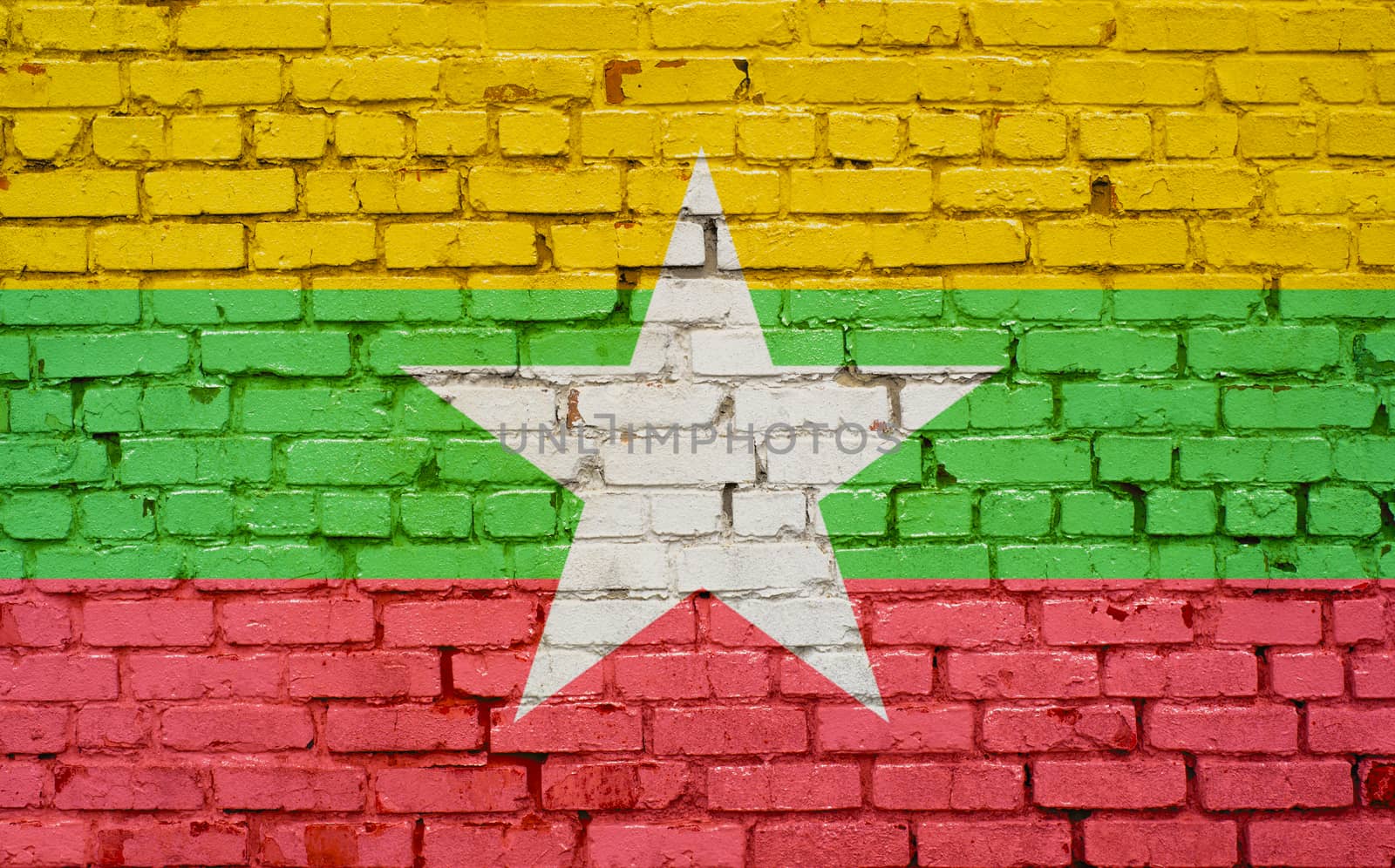 flag of Myanmar painted on brick wall