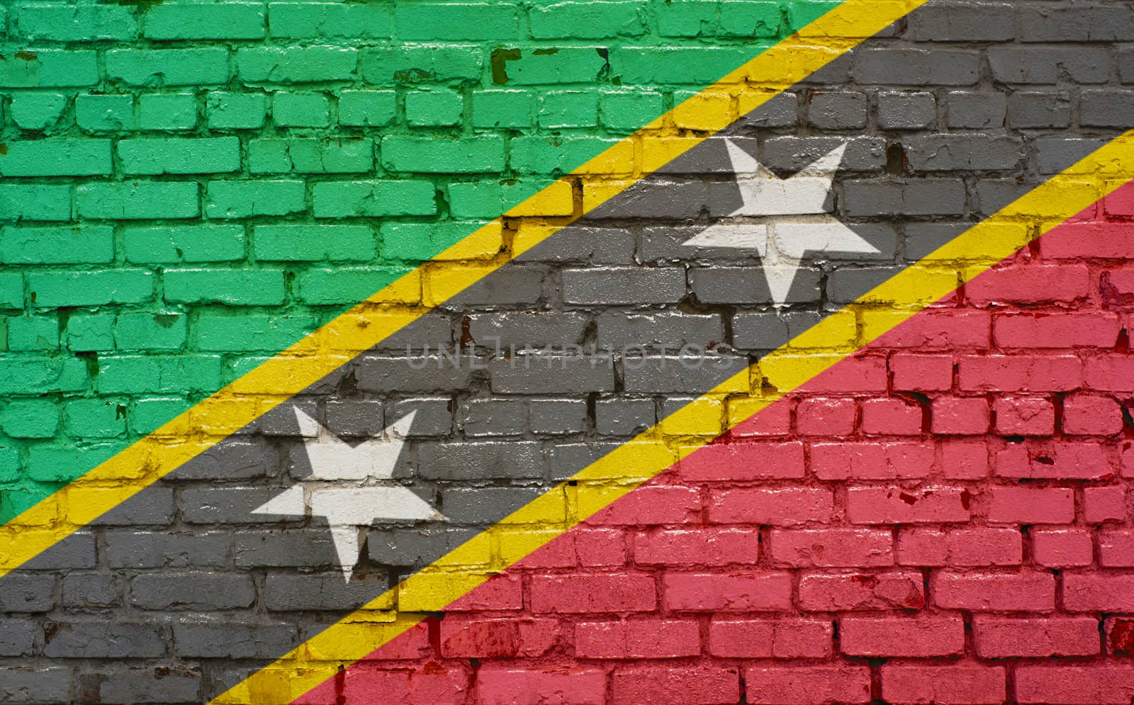 Brick wall with painted flag of St Kitts and Nevis