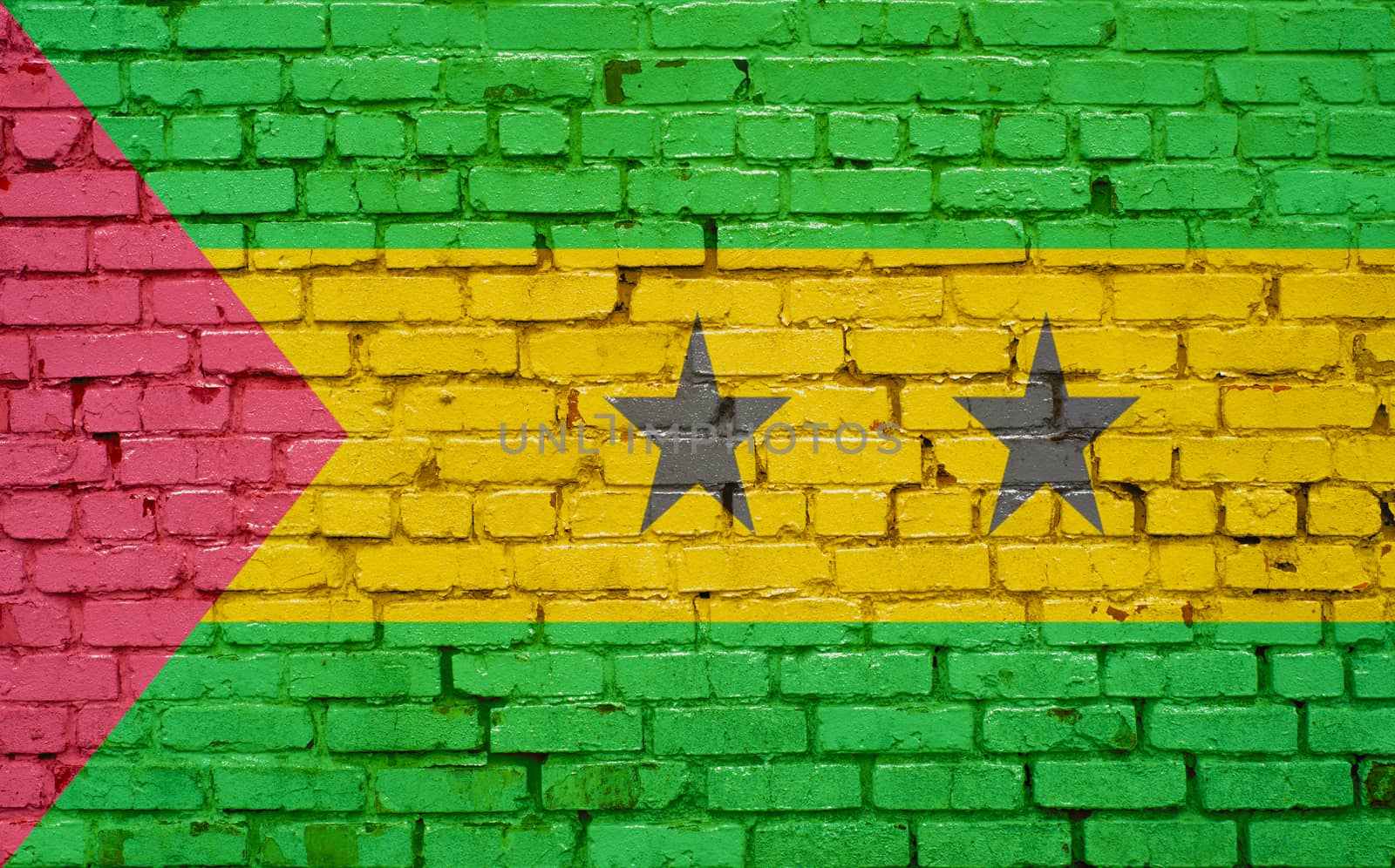 Flag of Sao Tome and Principe painted on brick wall, background texture