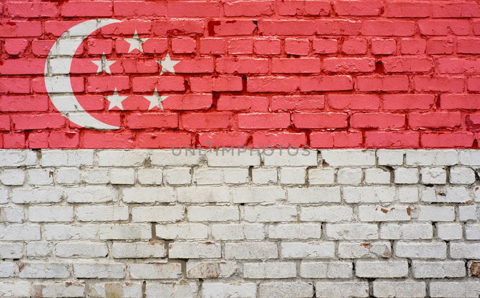 Flag of Singapore painted on brick wall, background texture