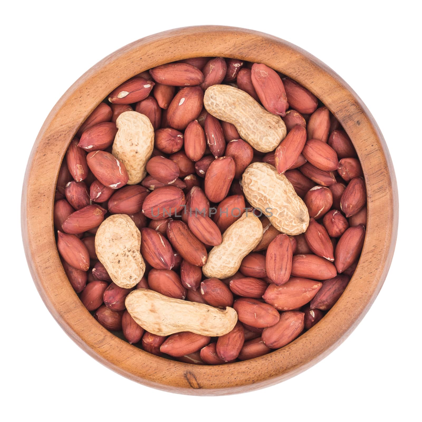Peanuts in a bowl on a white background.
