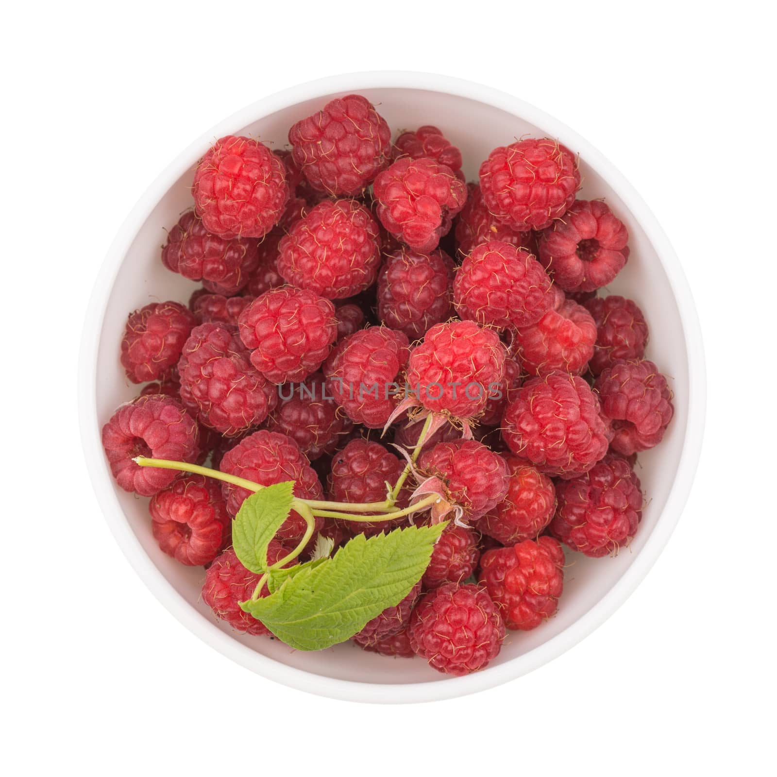 Fresh raspberries in bowl isolated on white background