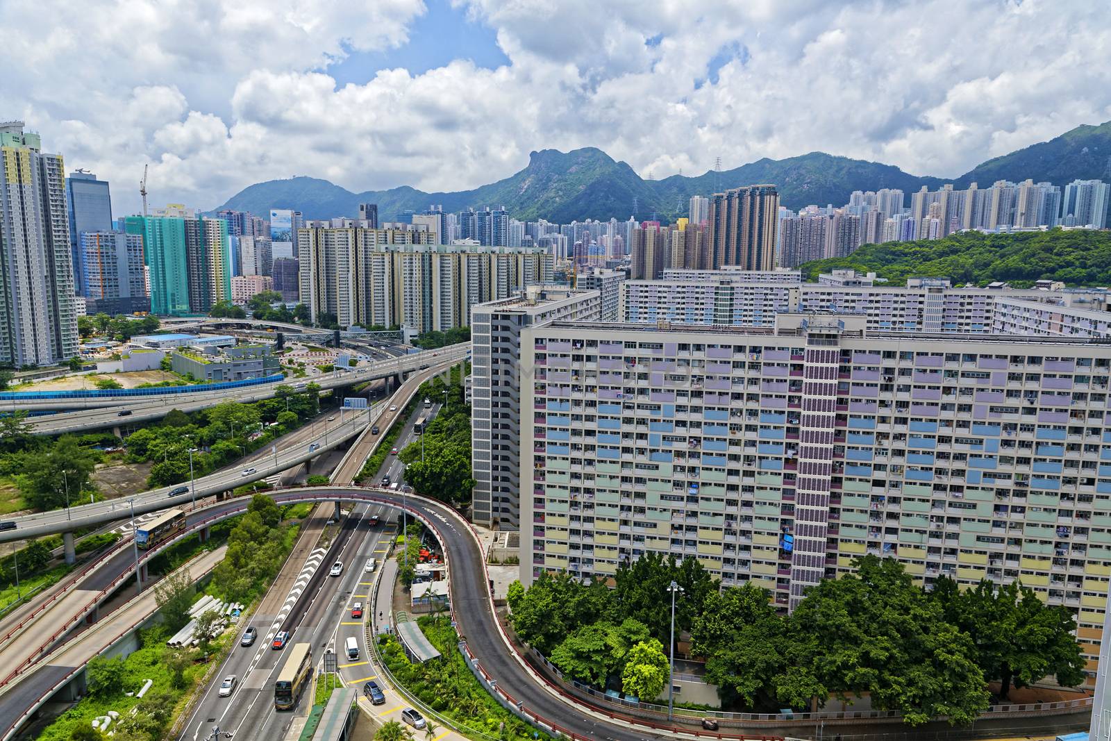 hong kong public estate with landmark lion rock