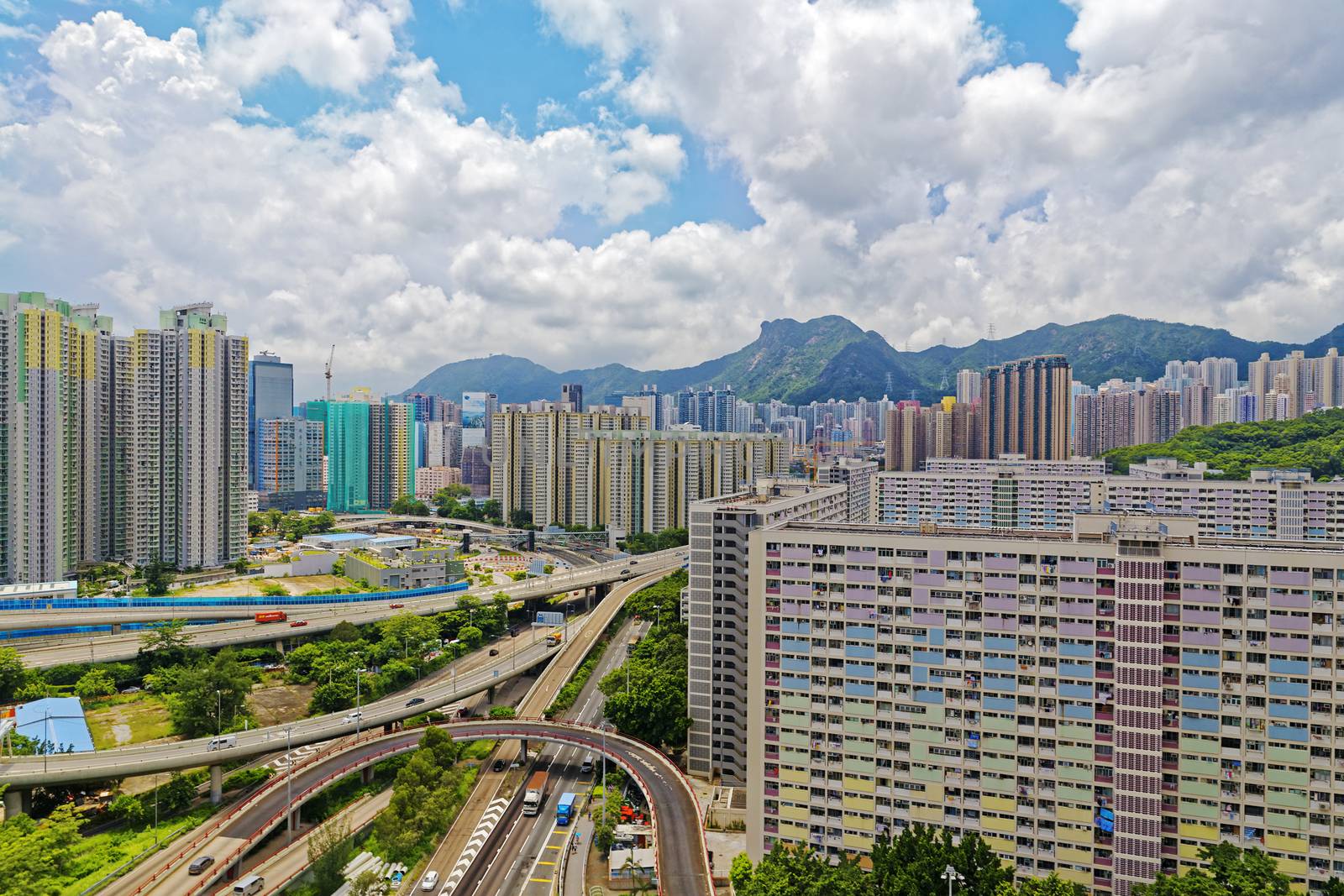 hong kong public estate with landmark lion rock