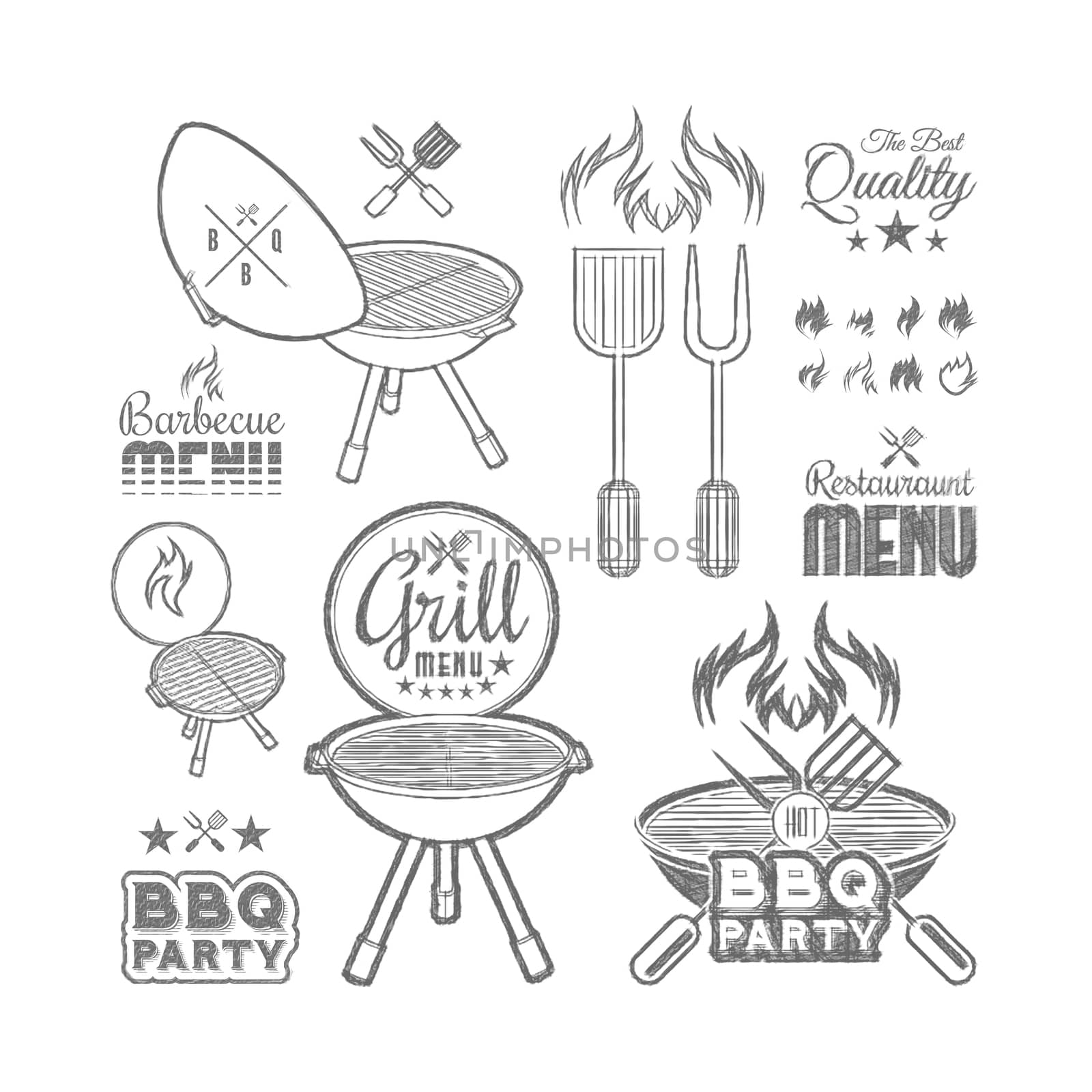 Barbecue grill drawn illustration on white background