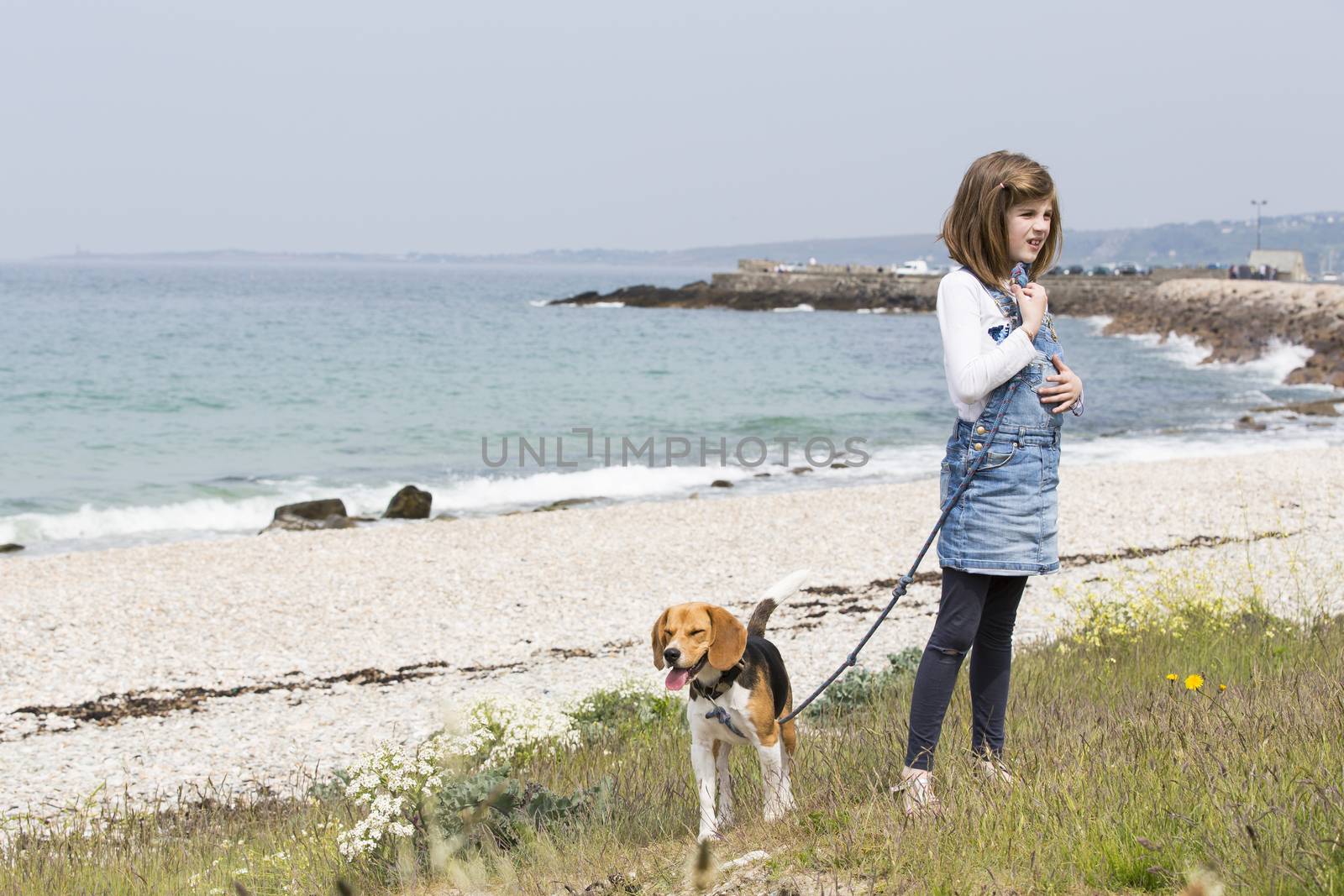 A child girl on a walk with a little dog