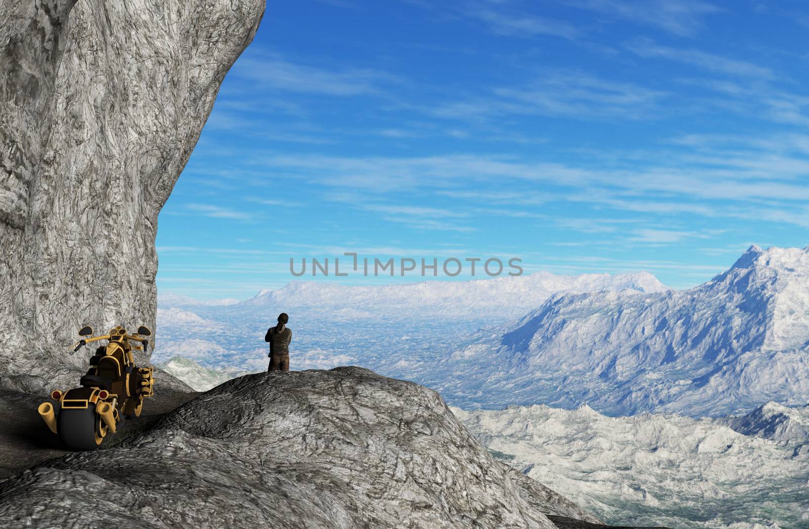 Man rider with motorbike on the top of mountains - 3D rendering