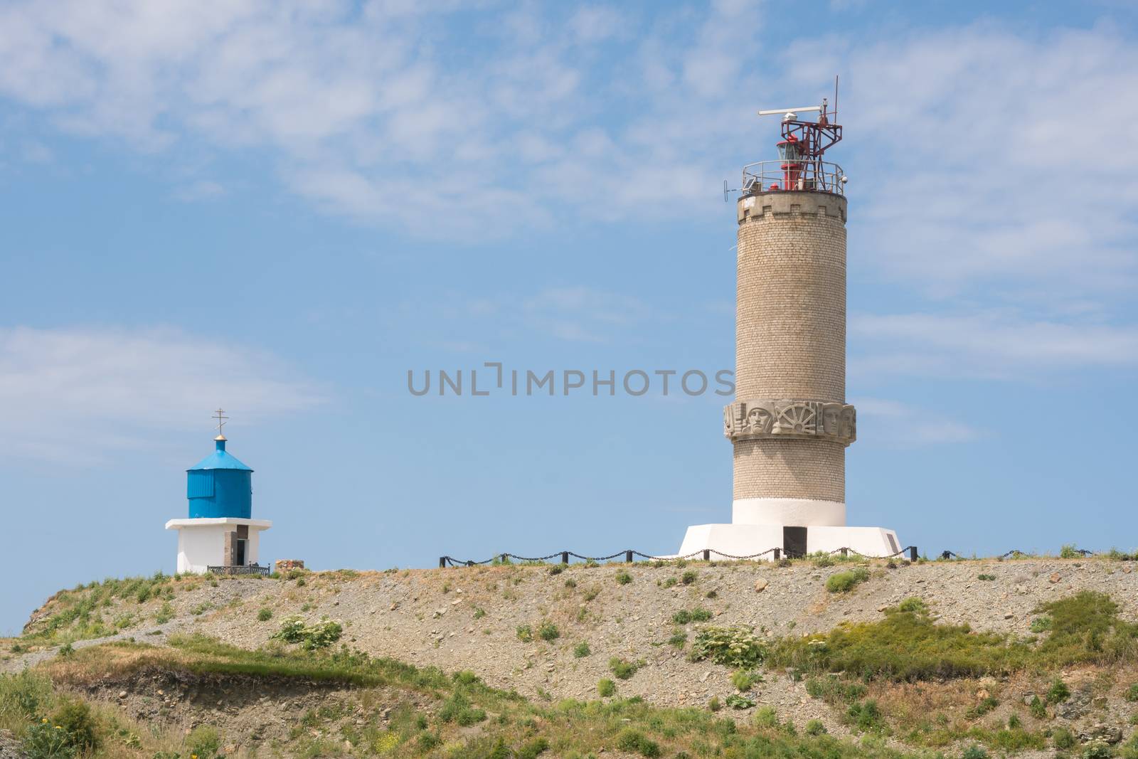 Big Utrish, Russia - May 17, 2016: Monument to the lighthouse and a chapel on the island of Utrish, built in 1975 in tribute to all sailors Azov-Black Sea fleet, as well as the crew of the vehicle "Fabricius" vessel, which in World War II was torpedoed by the Germans