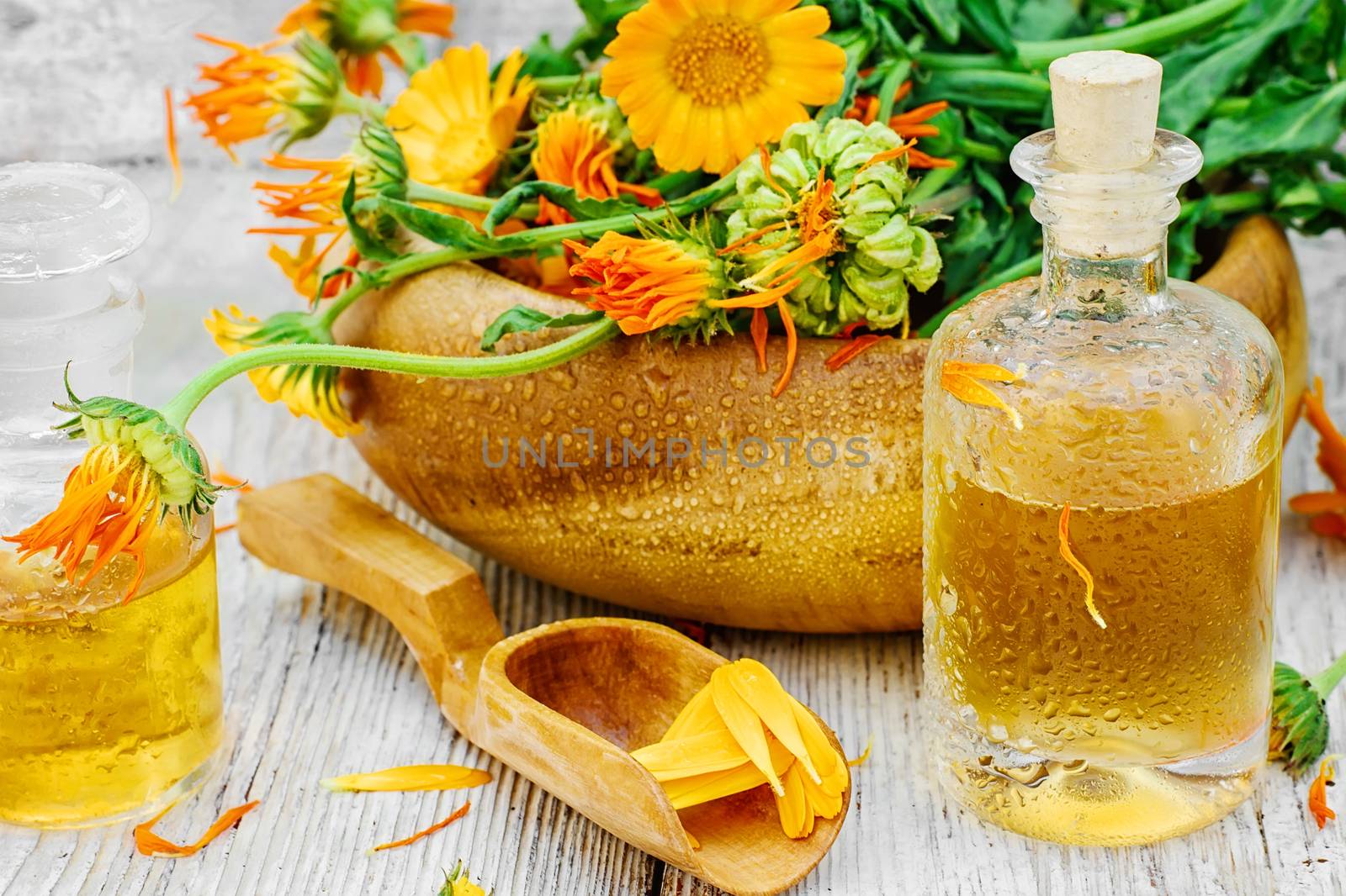 Blooming calendula and jars of prepared medicinal extract