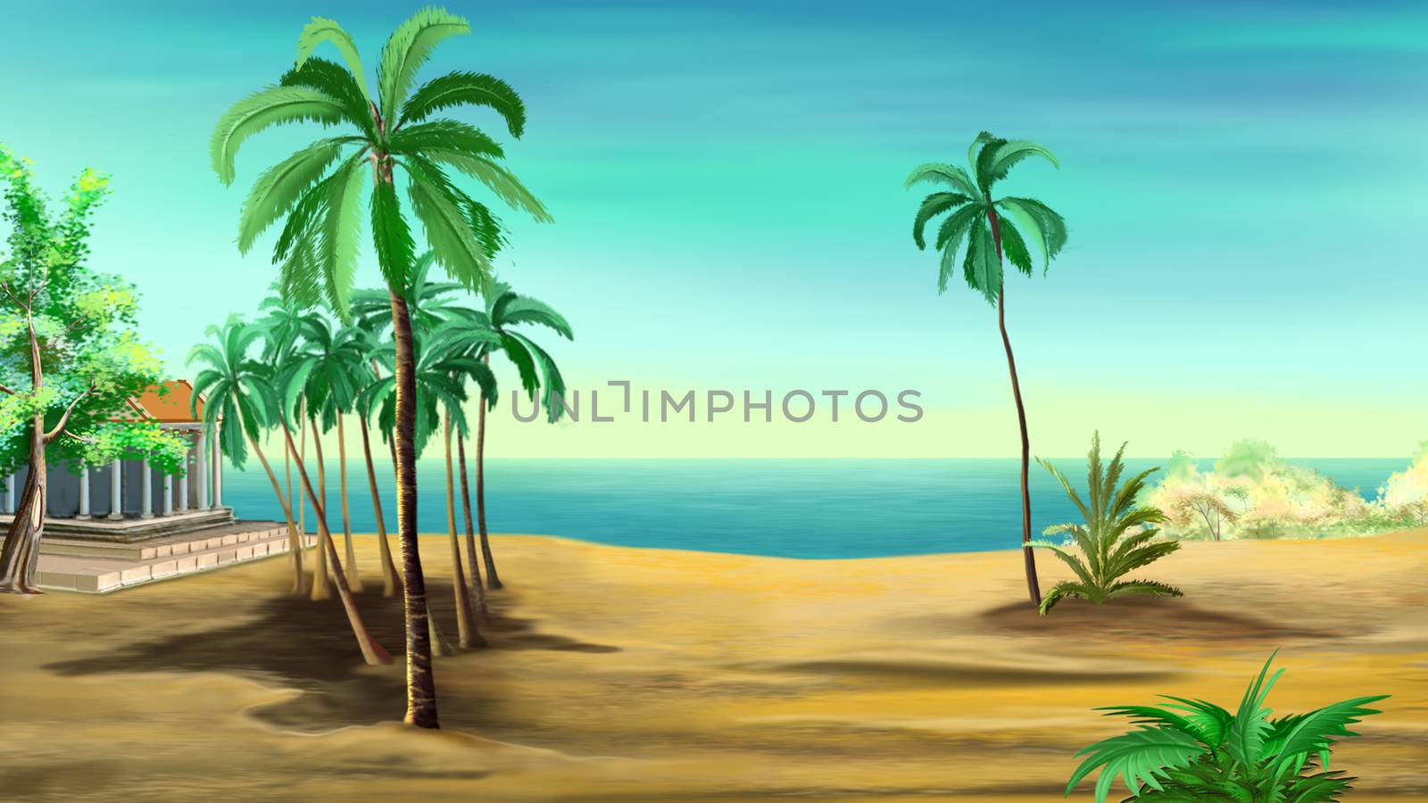 Digital Painting, Illustration of a several palm trees on the shore of the Mediterranean Sea. Cartoon Style Character, Fairy Tale  Story Background.