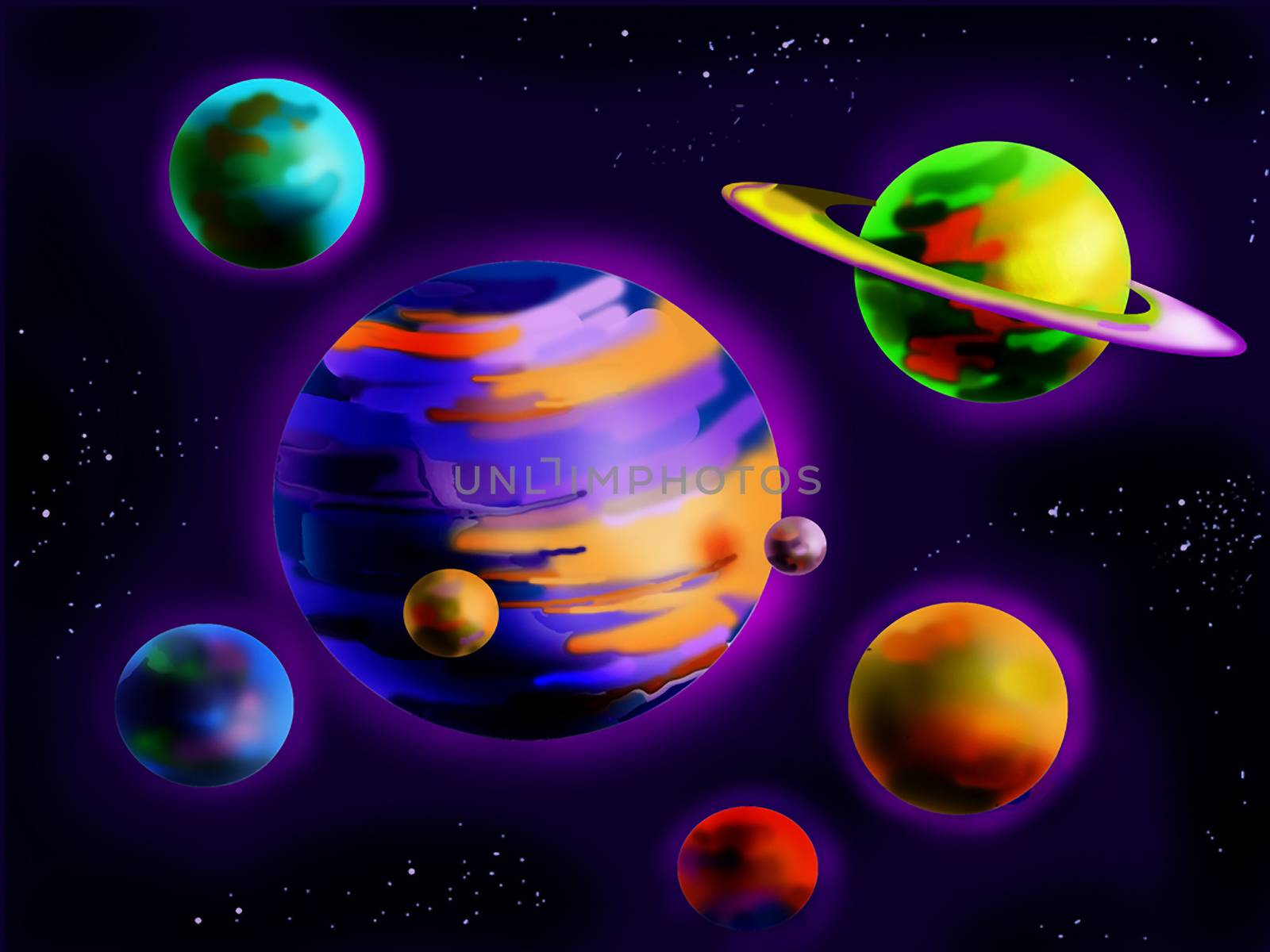 Digital Painting, Illustration of a Fantastic Planets in Space. Cartoon Style Character, Fairy Tale Story Background.
