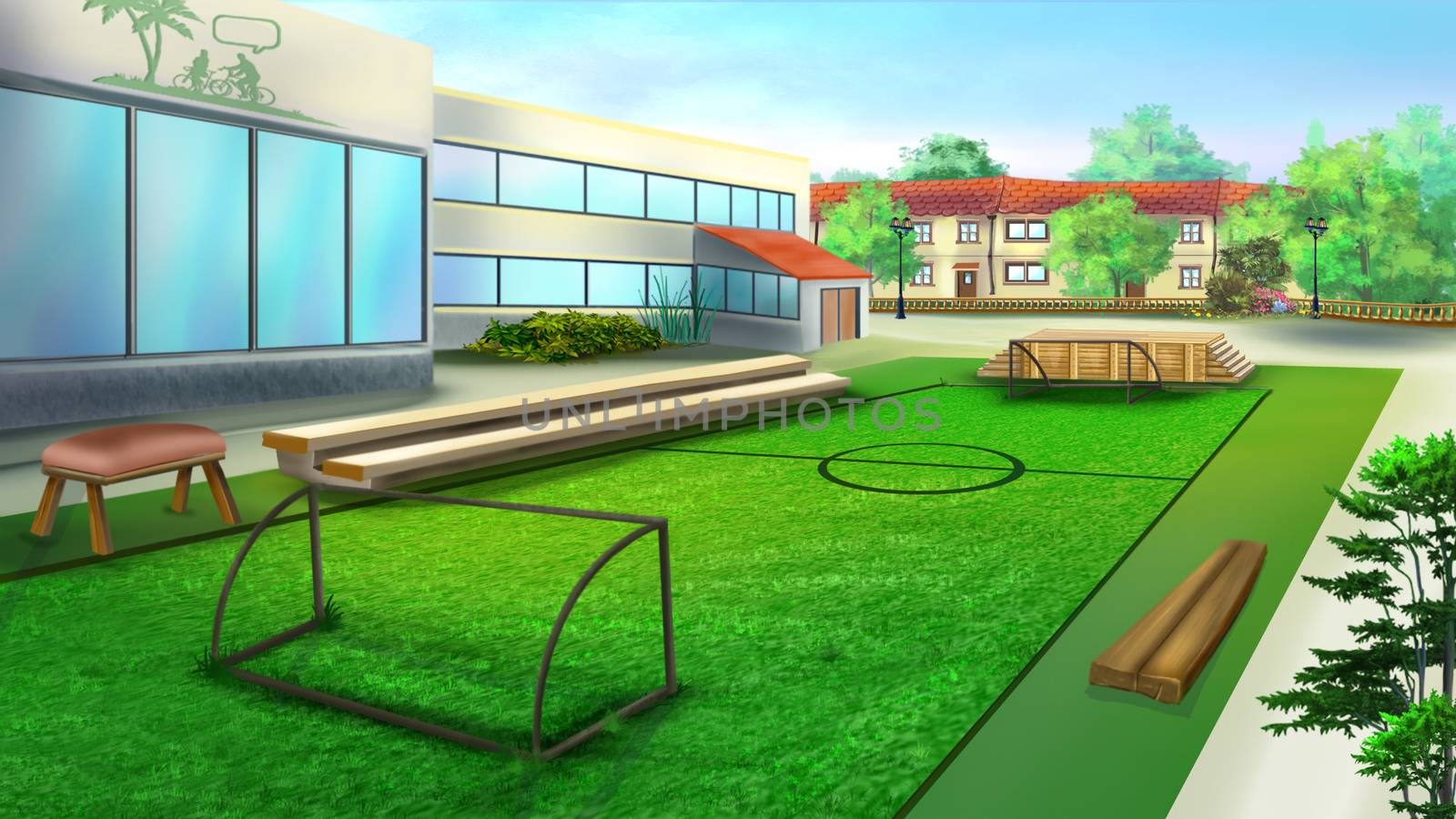 Digital Painting, Illustration of a School sports ground and football stadium. Cartoon Style Artwork Scene, Story Background.