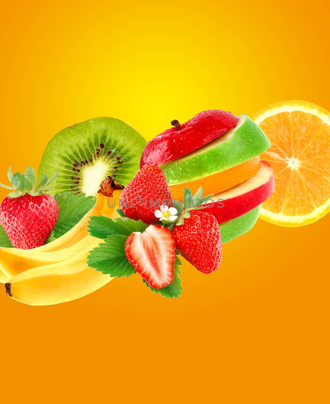 Many fruits on yellow background