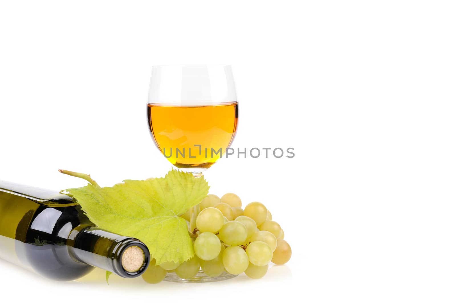 Wine bottle, glass and grapes isolated on white background