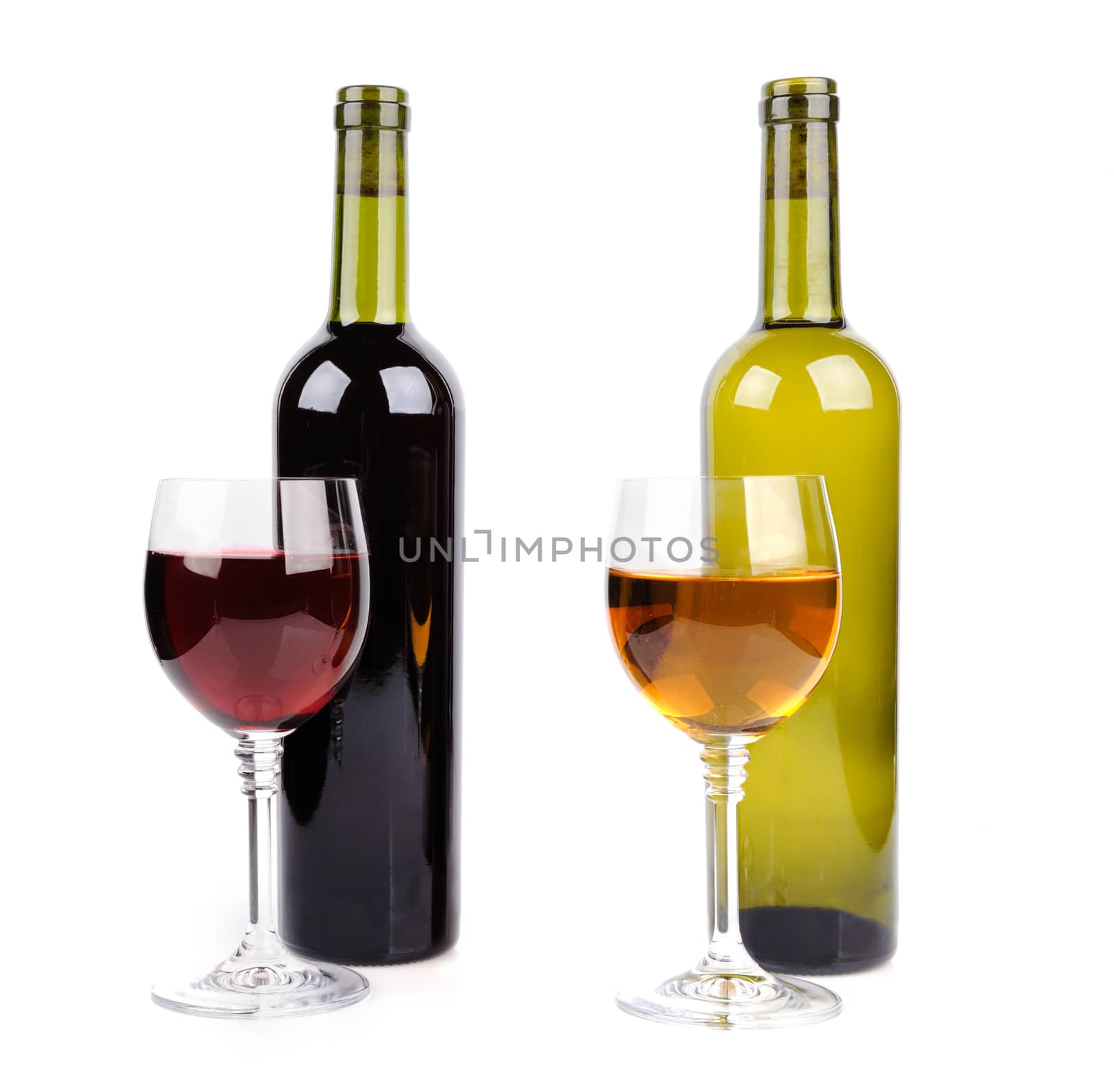 Wine glass and bottle of wine on white background