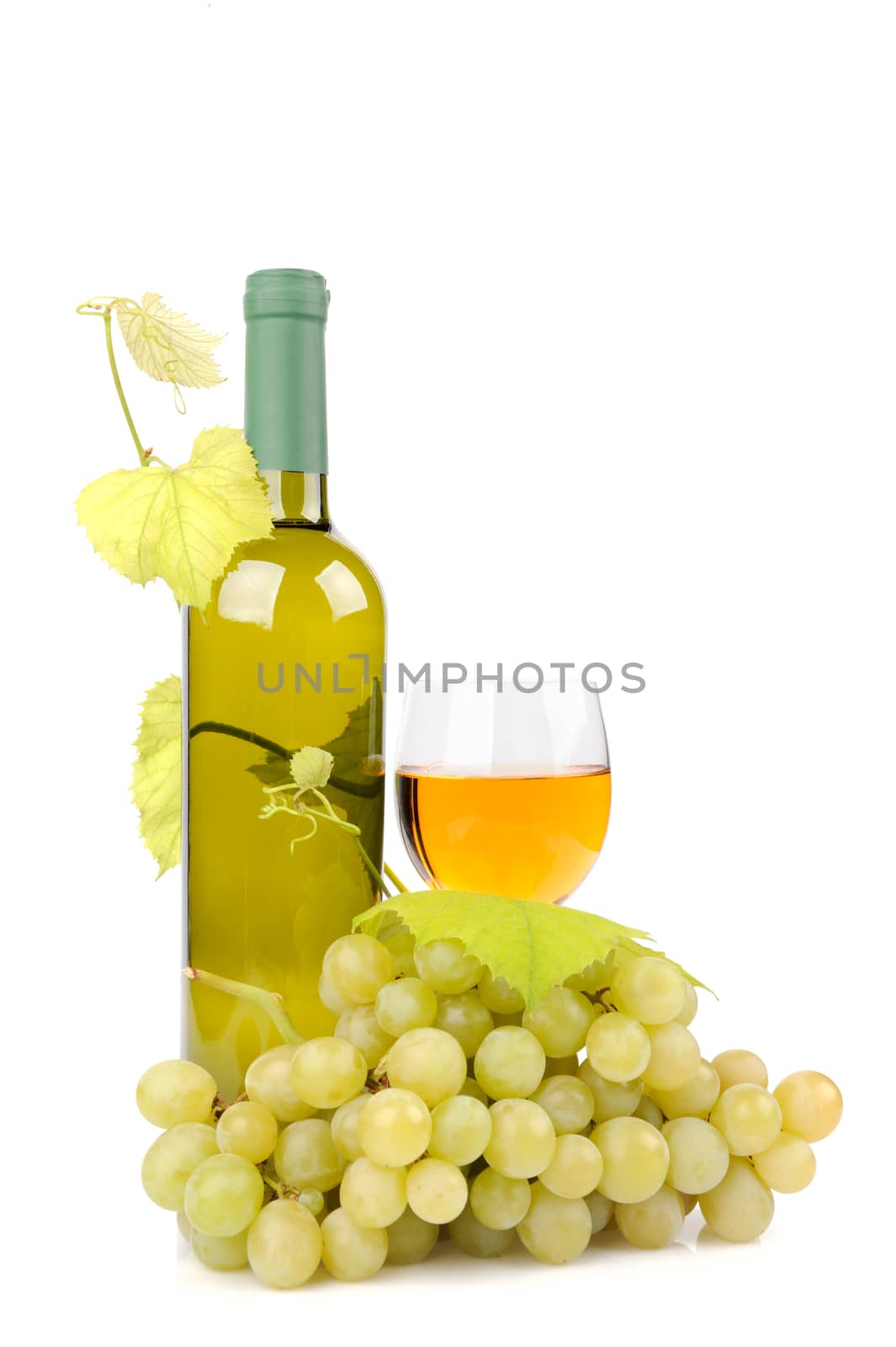 Wine bottle, glass and grapes isolated on white background