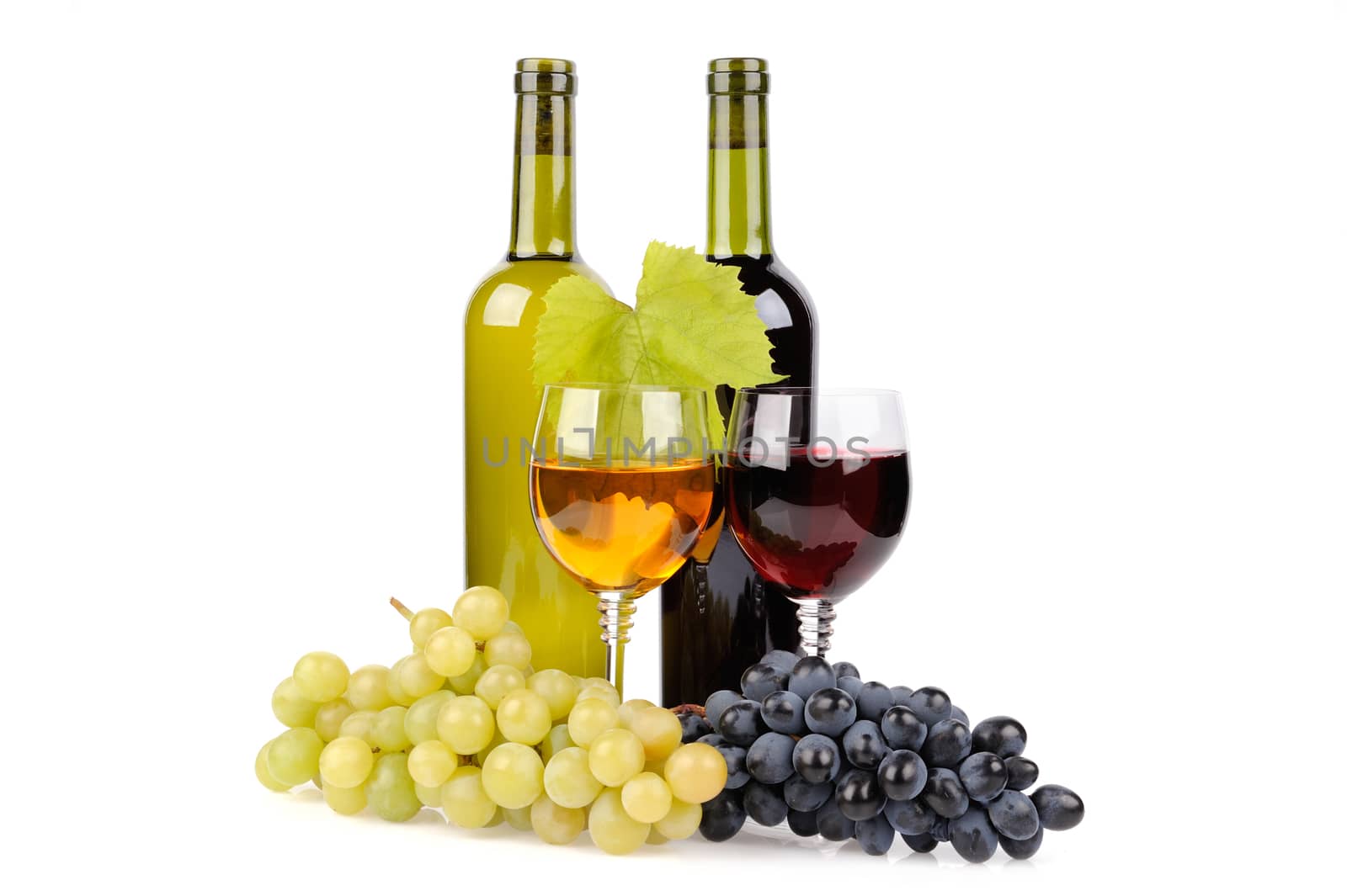 Wine bottle, glass and grapes isolated on white background