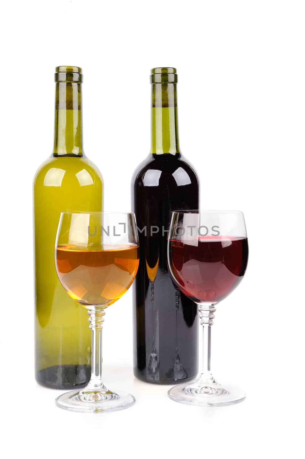 Wine glass and bottle of wine on white background